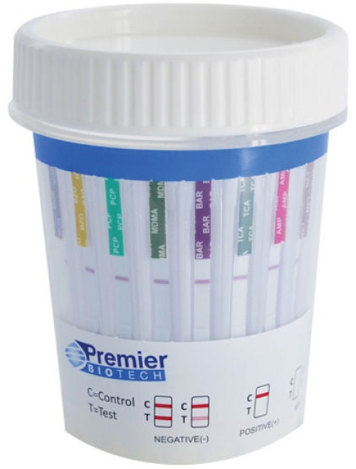 Premier Biotech - PCA-5P-LC Drugs of Abuse Test Kit Premier Bio-Cup® AMP, COC, OPI, PCP, THC 50 25 Tests CLIA Waived