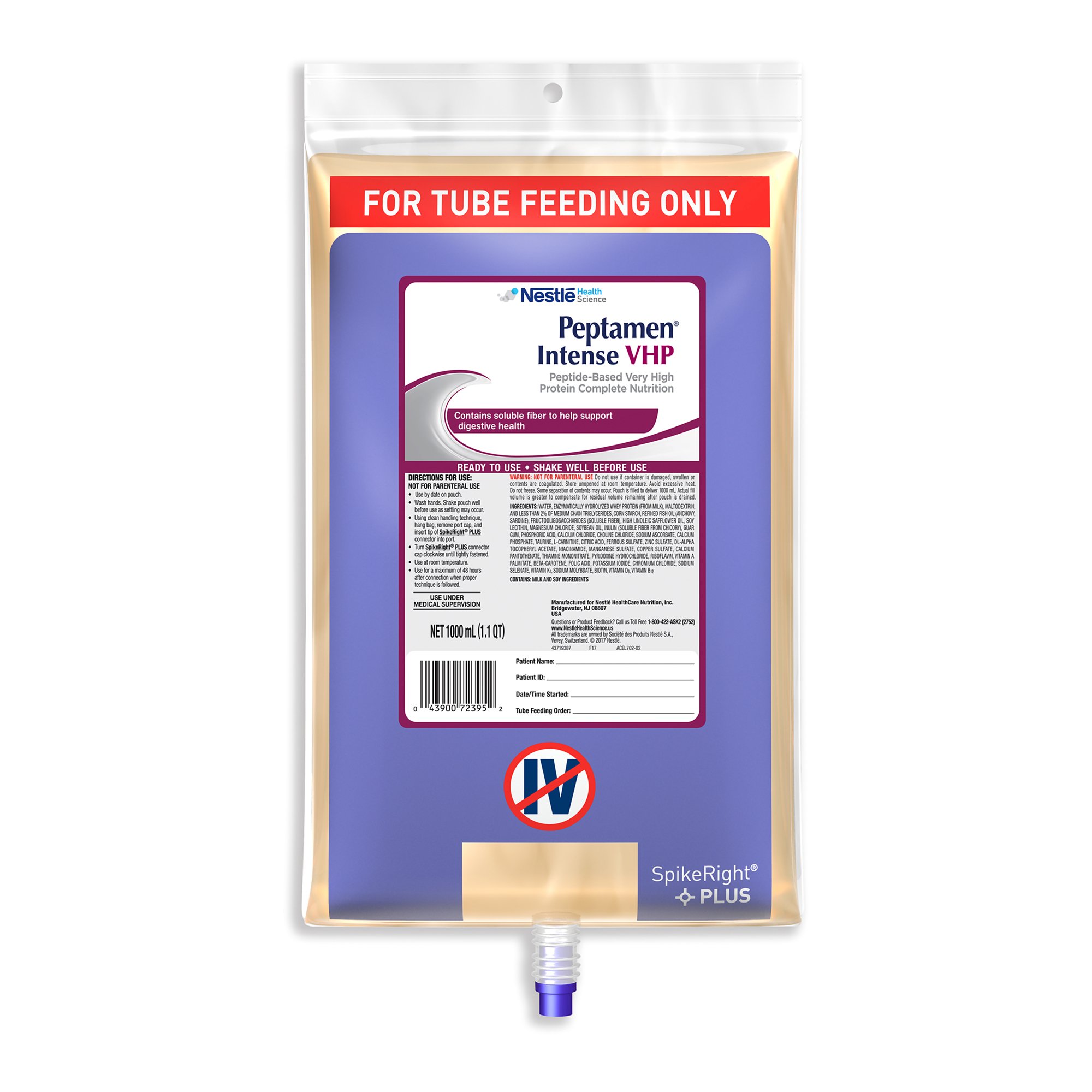 Nestle Healthcare Nutrition 00043900493220 - Peptamen® Intense VHP Tube Feeding Peptide-Based Formula, 33.8 oz. UltraPak® Bag - 1/Each, 6/Case
