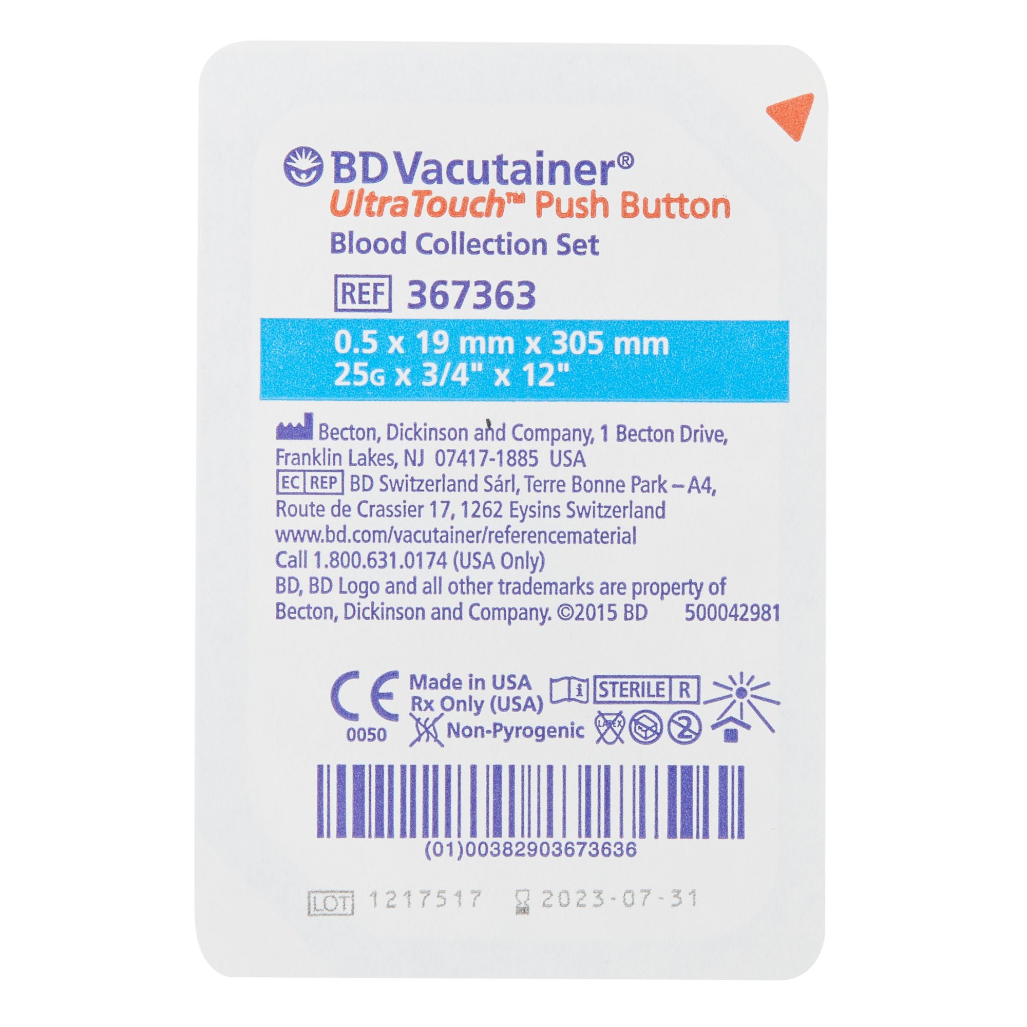BD - 367363 BD Vacutainer® UltraTouch™ Push Button Blood Collection Set 25 Gauge 3/4 Inch Needle Length Safety Needle 12 Inch Tubing Sterile