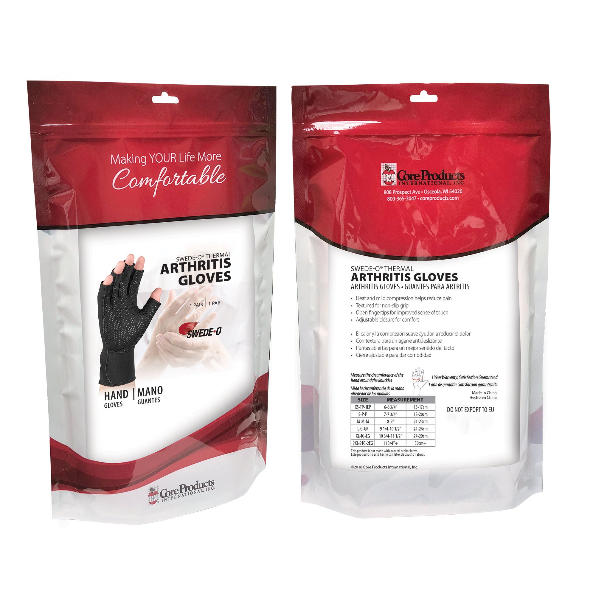 Core Products - WST-6838-LRG Arthritis Glove Swede-O® Thermal Arthritic Open Finger Large Over-the-Wrist Length Hand Specific Pair