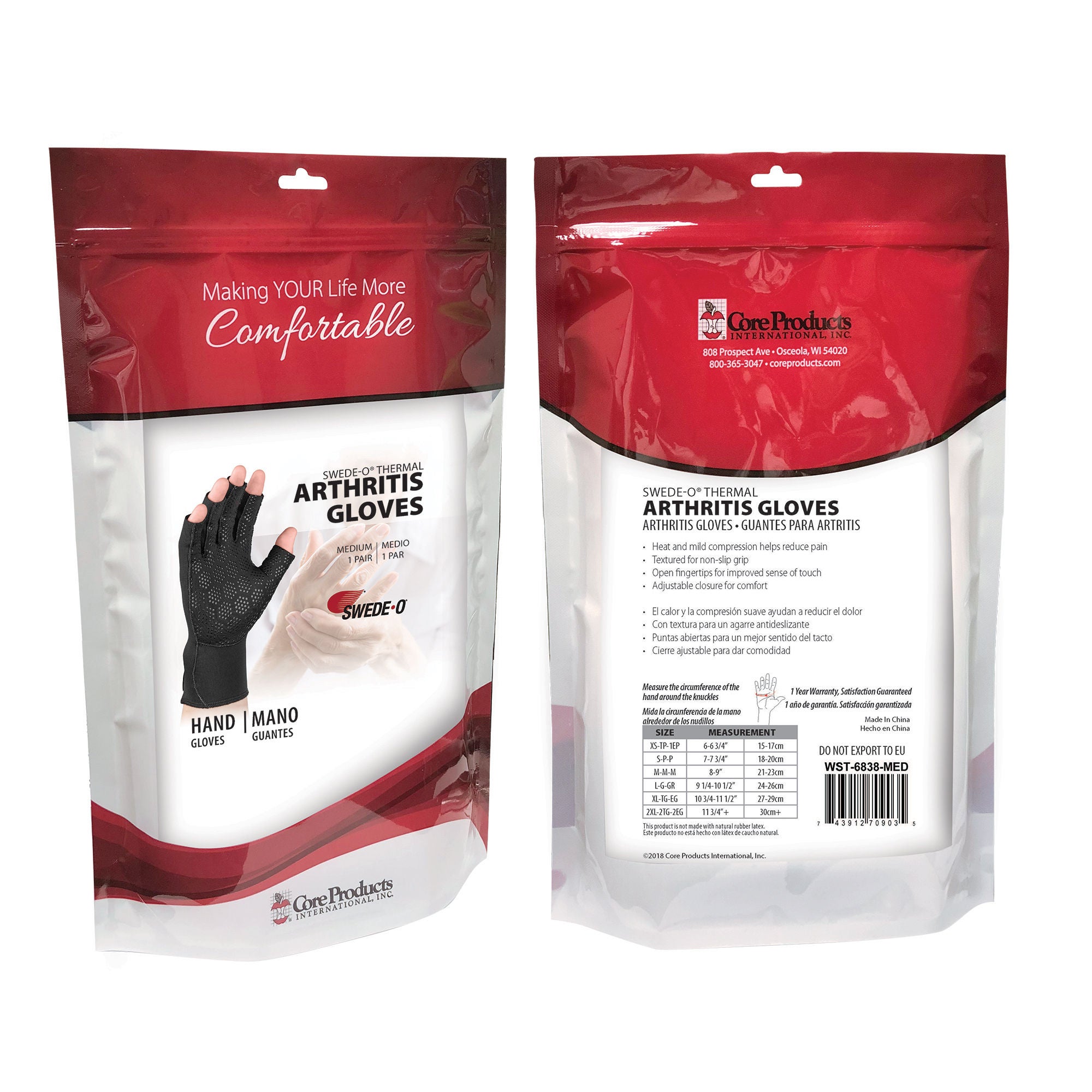 Core Products - WST-6838-MED Arthritis Glove Swede-O® Thermal Arthritic Open Finger Medium Over-the-Wrist Length Hand Specific Pair