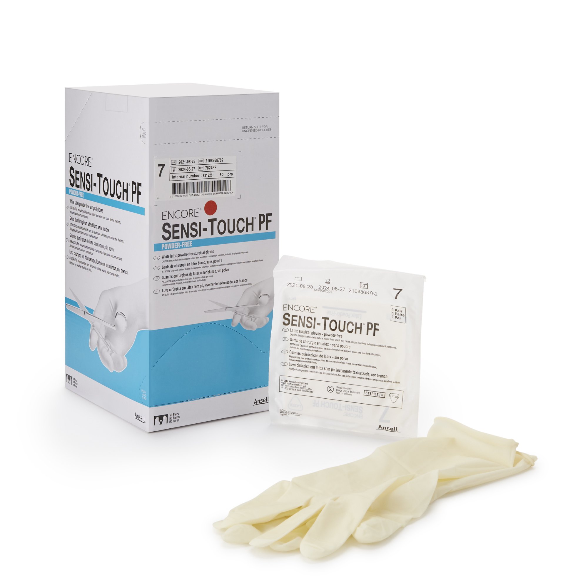Ansell 7824PF - Encore® Sensi-Touch® PF Latex Surgical Glove, Size 7, Natural - 50/Box, 200/Case