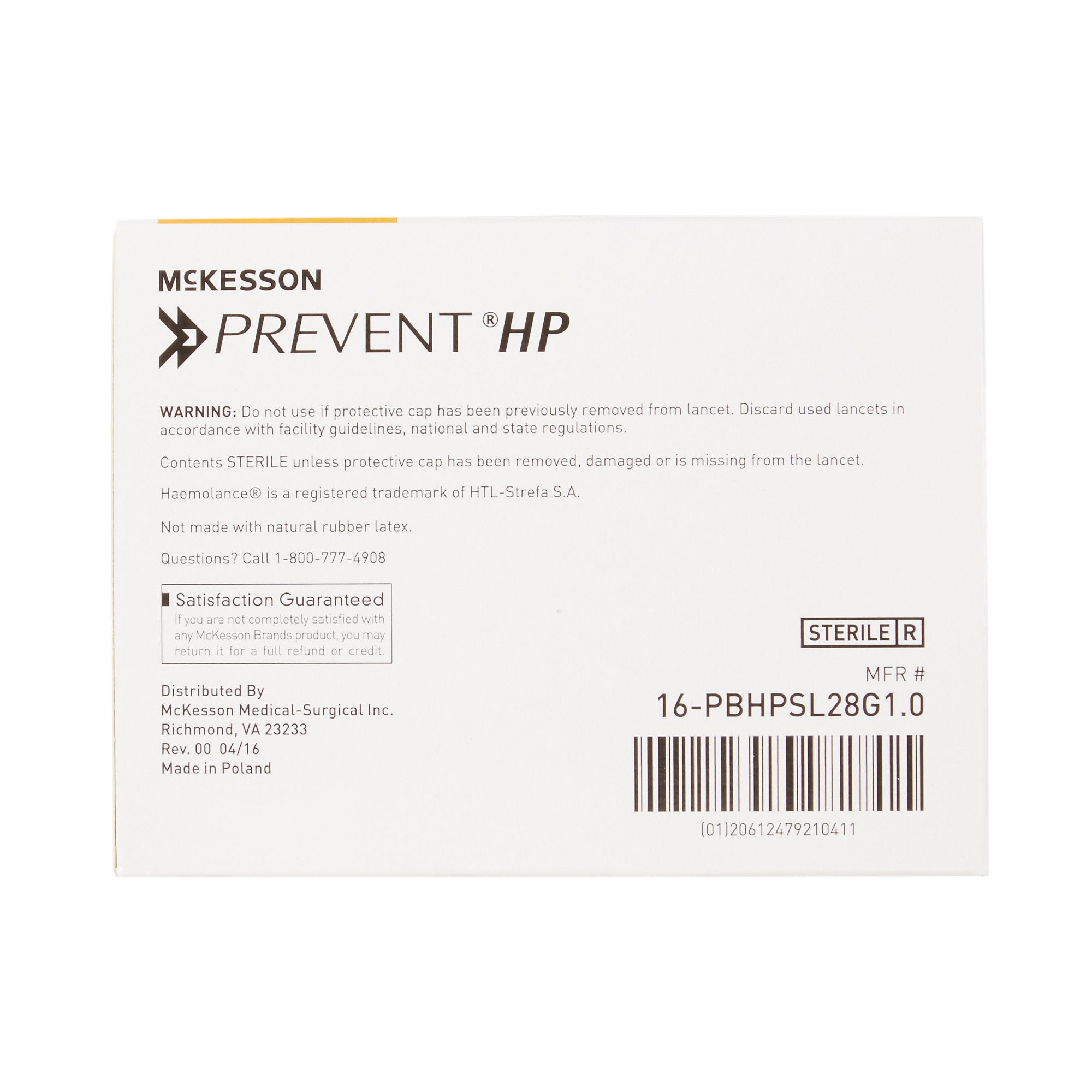 McKesson Brand - 16-PBHPSL28G1.0 Safety Lancet McKesson Prevent® HP 28 Gauge Retractable Push Button Activation Finger