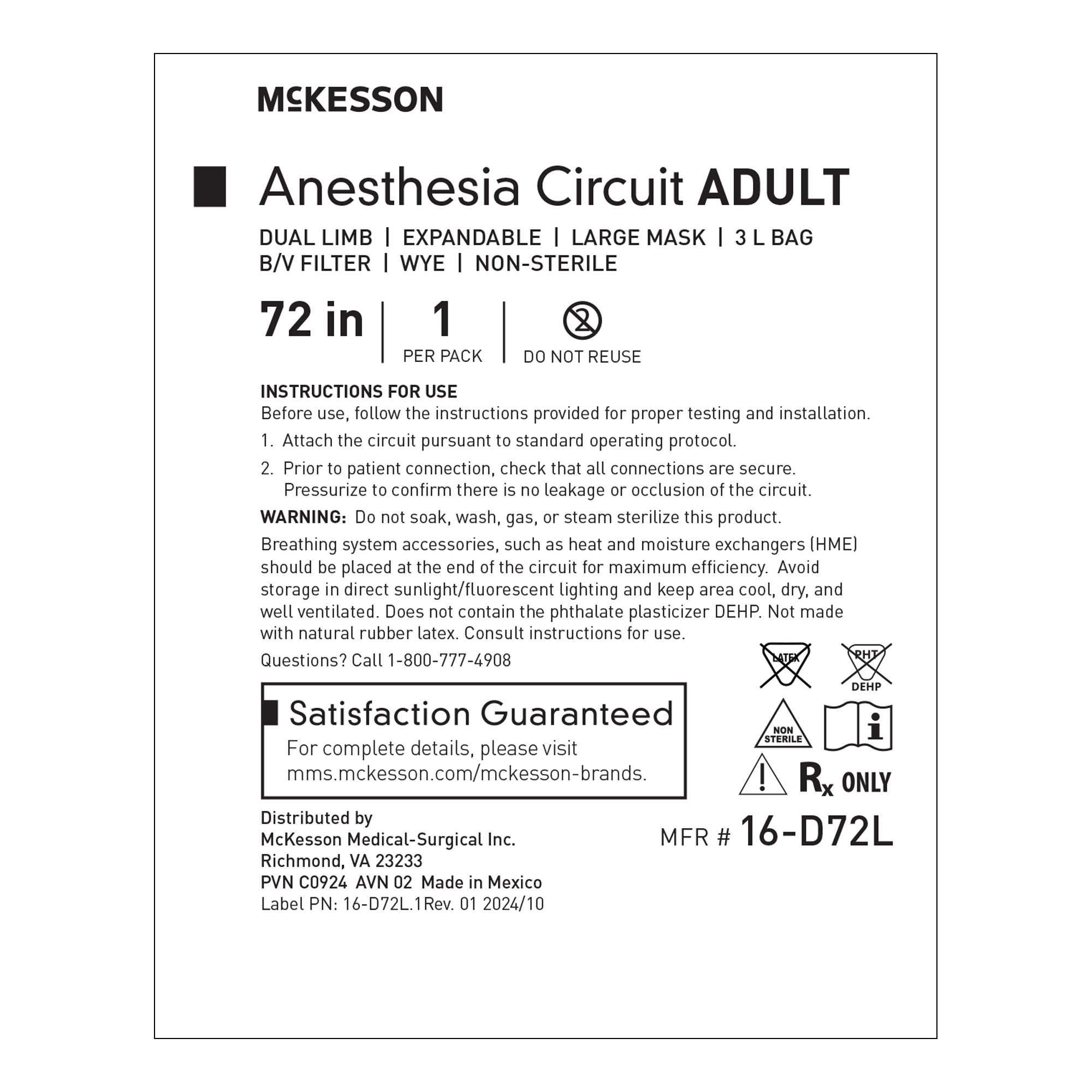 McKesson Brand 16-D72L - McKesson Anesthesia Circuit - 1/Each, 20/Case