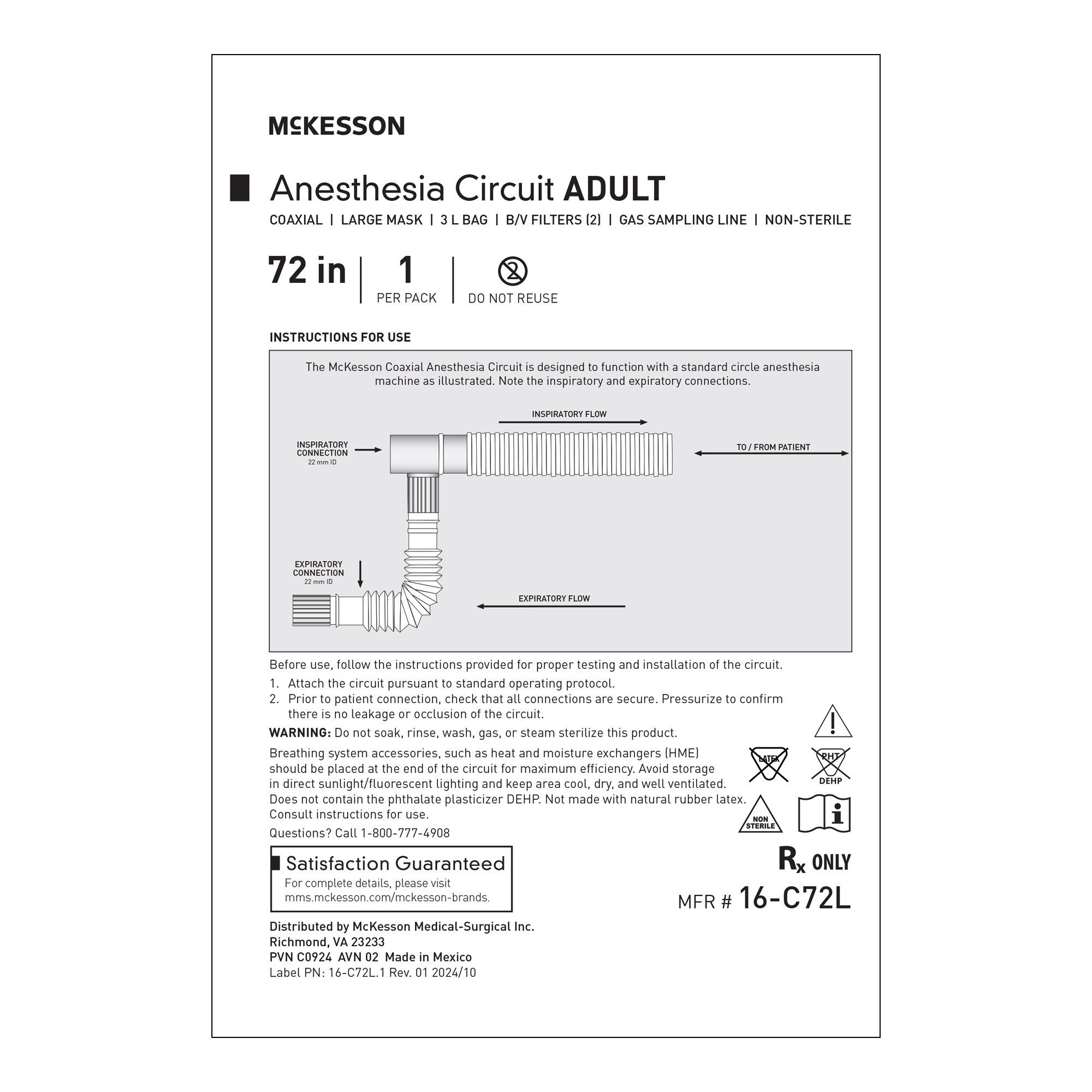 McKesson Brand 16-C72L - McKesson Anesthesia Breathing Circuit with Large Mask without Wye - 1/Each, 20/Case