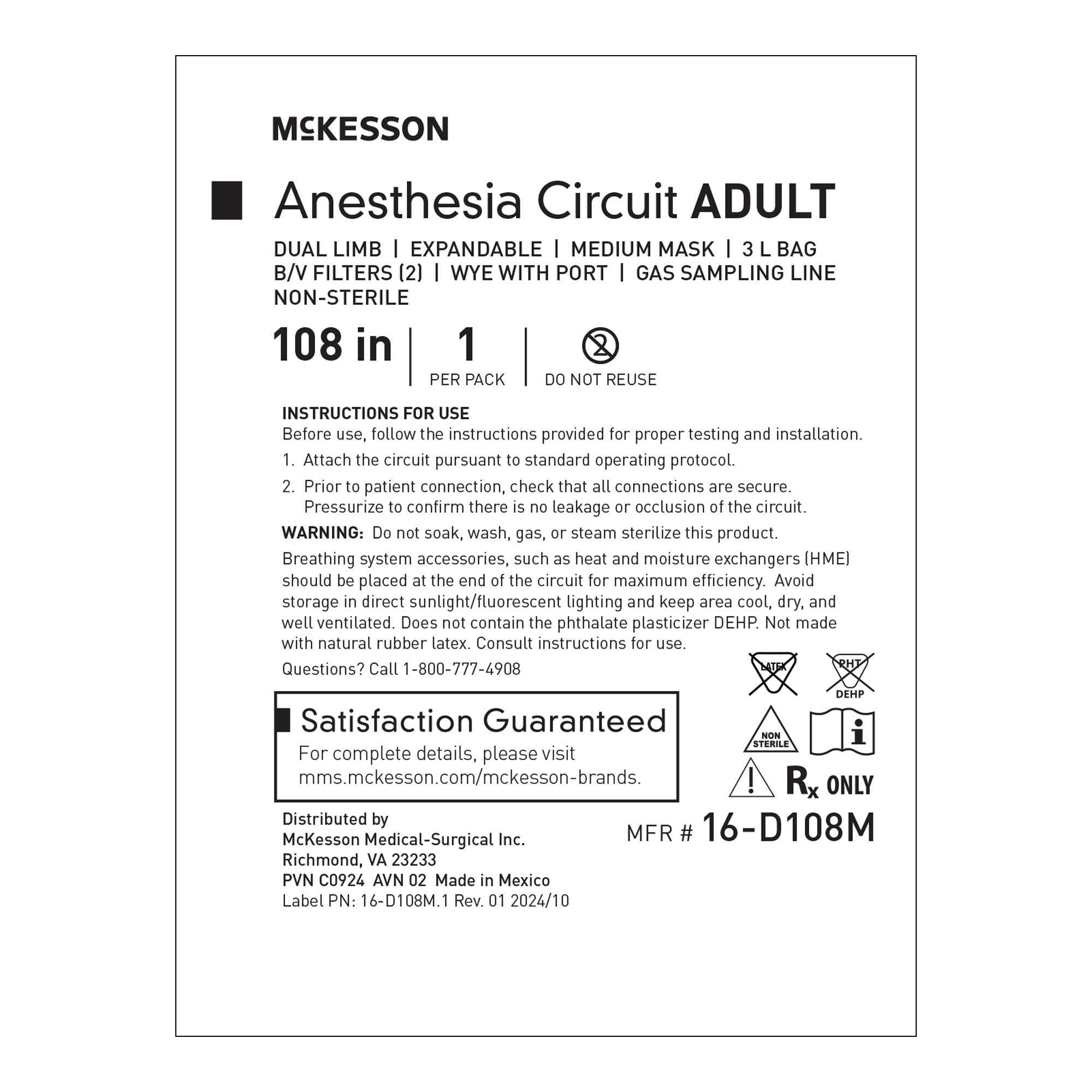 McKesson Brand 16-D108M - McKesson Anesthesia Breathing Circuit with Medium Mask and Straight Wye - 1/Each, 20/Case