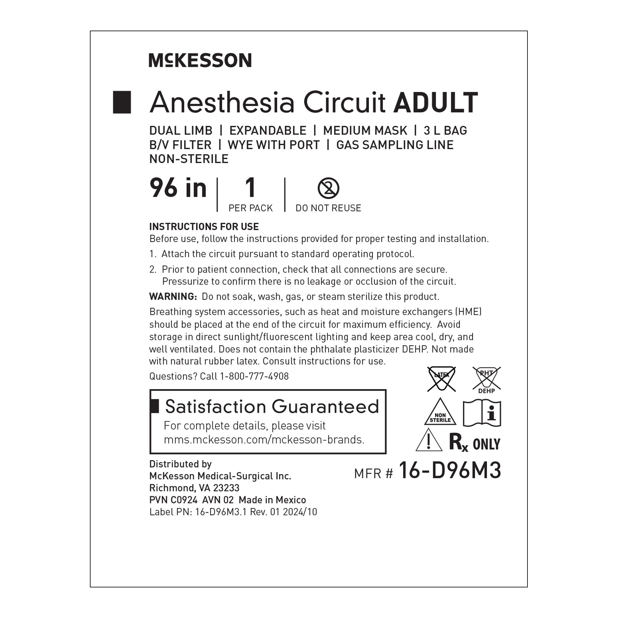 McKesson Brand 16-D96M3 - McKesson Anesthesia Breathing Circuit with Medium Mask, Dual Limb, Straight Wye - 1/Each, 20/Case