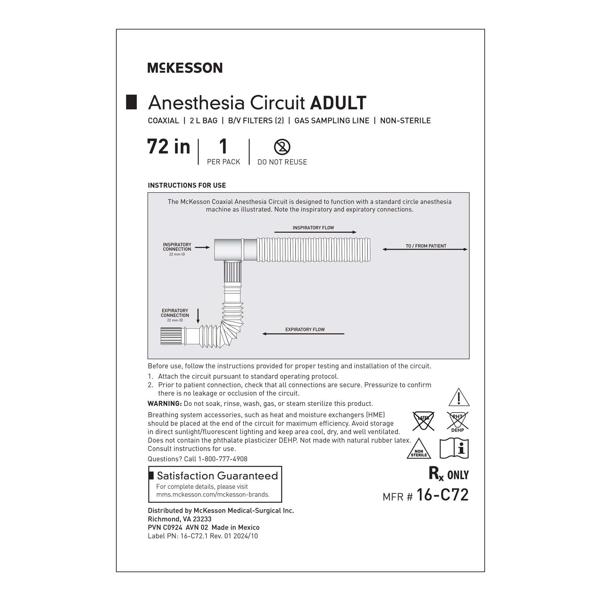 McKesson Brand 16-C72 - McKesson Anesthesia Breathing Circuit without Mask or Wye, Single Limb, 2-L Bag - 1/Each, 20/Case
