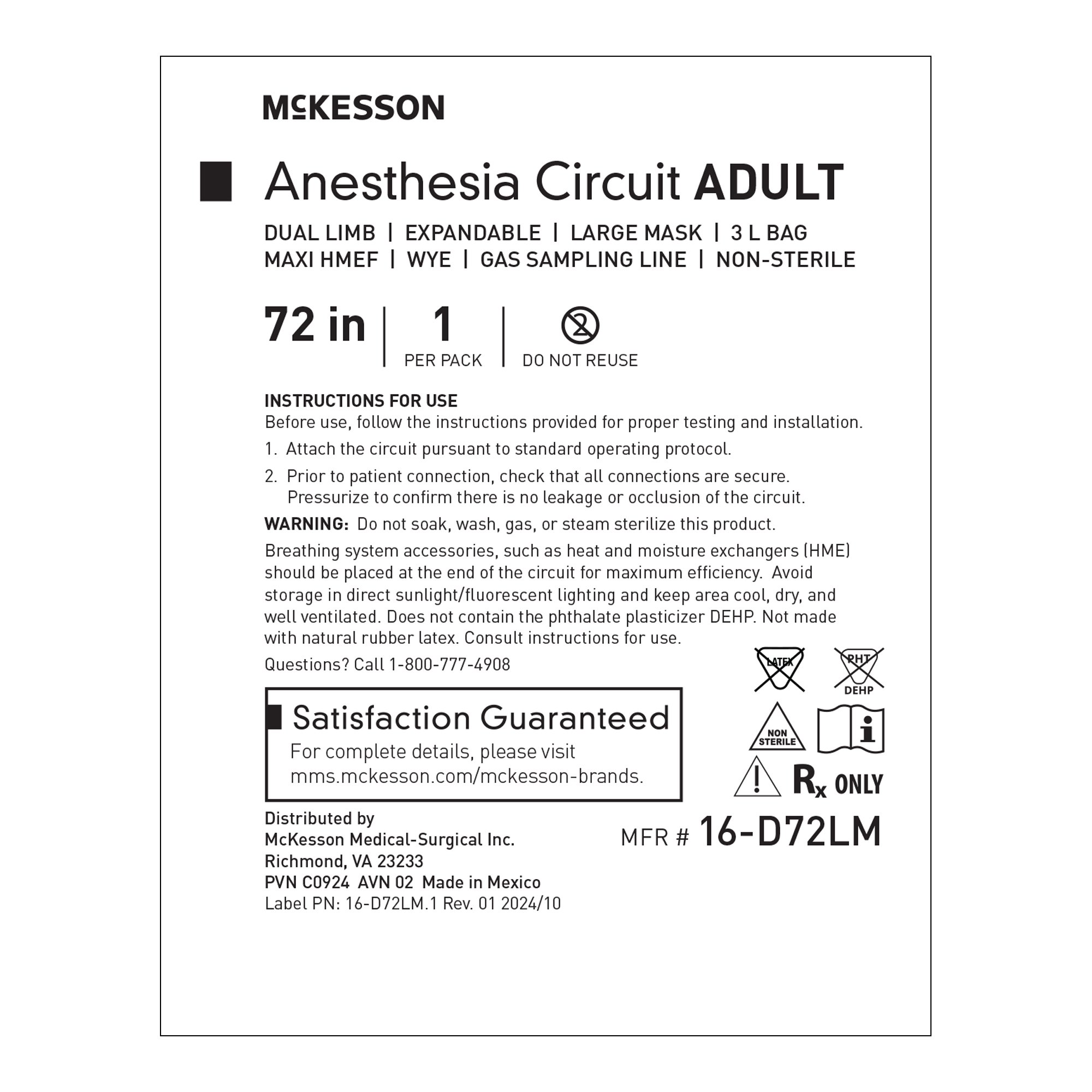 McKesson Brand 16-D72LM - McKesson Anesthesia Breathing Circuit with Large Mask, Straight Wye - 1/Each, 20/Case