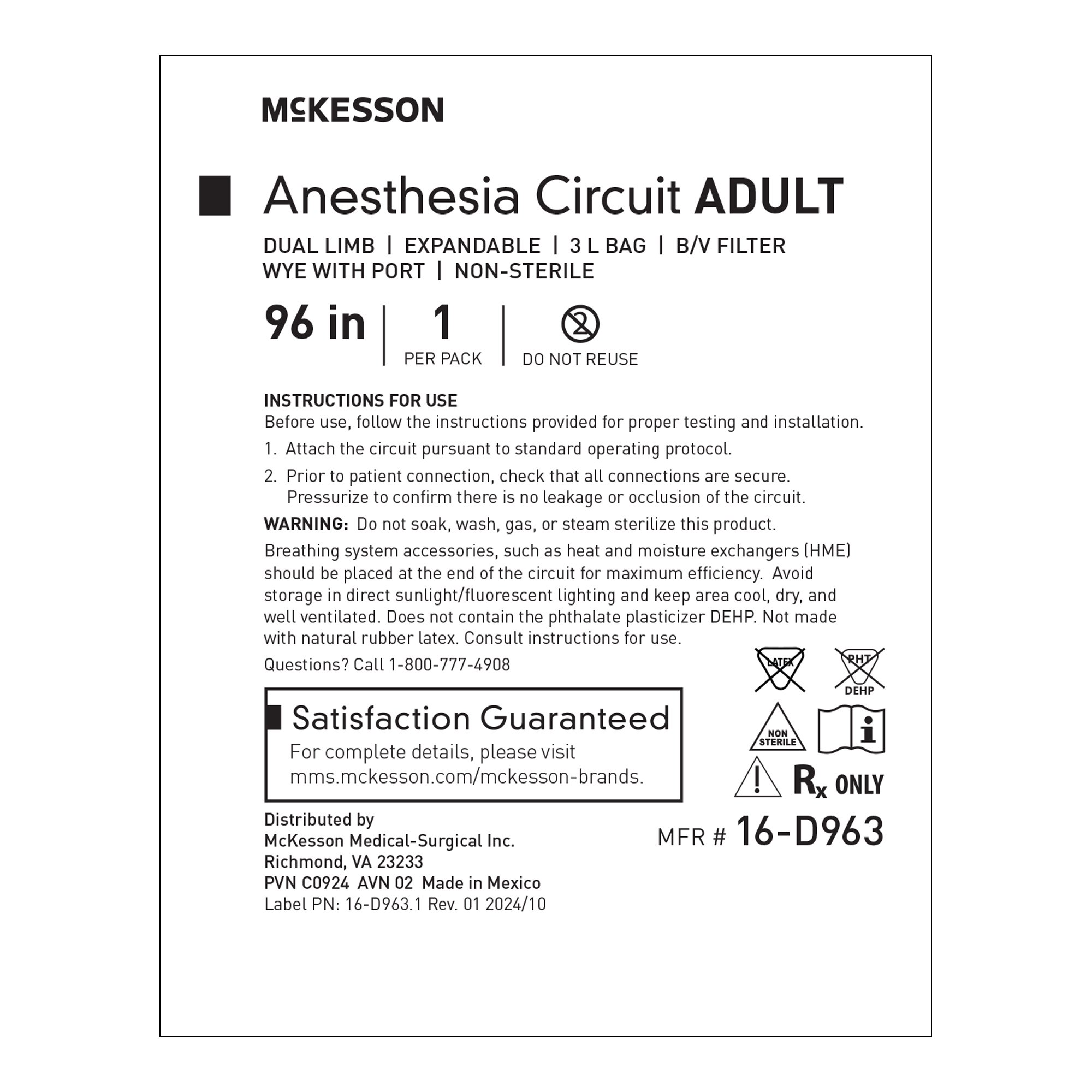 McKesson Brand 16-D963 - McKesson Anesthesia Circuit - 1/Each, 20/Case