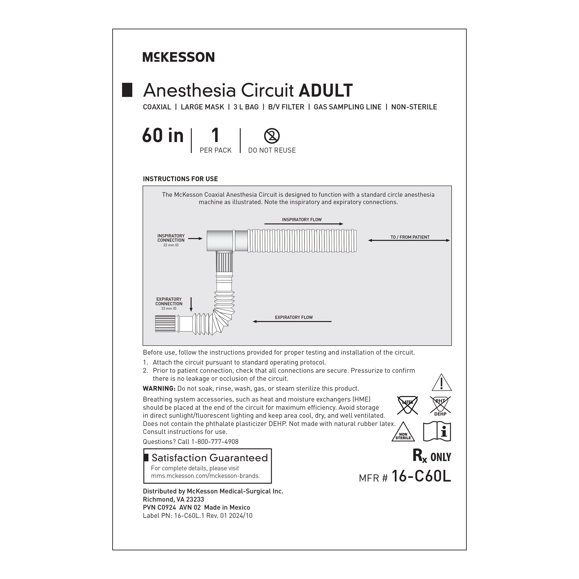 McKesson Brand 16-C60L - McKesson Anesthesia Breathing Circuit with Mask and without Wye - 1/Each, 20/Case