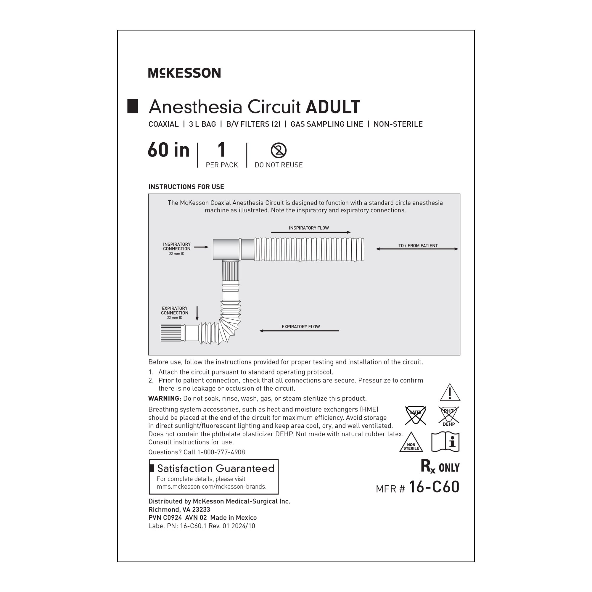 McKesson Brand 16-C60 - McKesson Anesthesia Breathing Circuit without Mask or Wye, Single Limb, 3-L bag - 1/Each, 20/Case