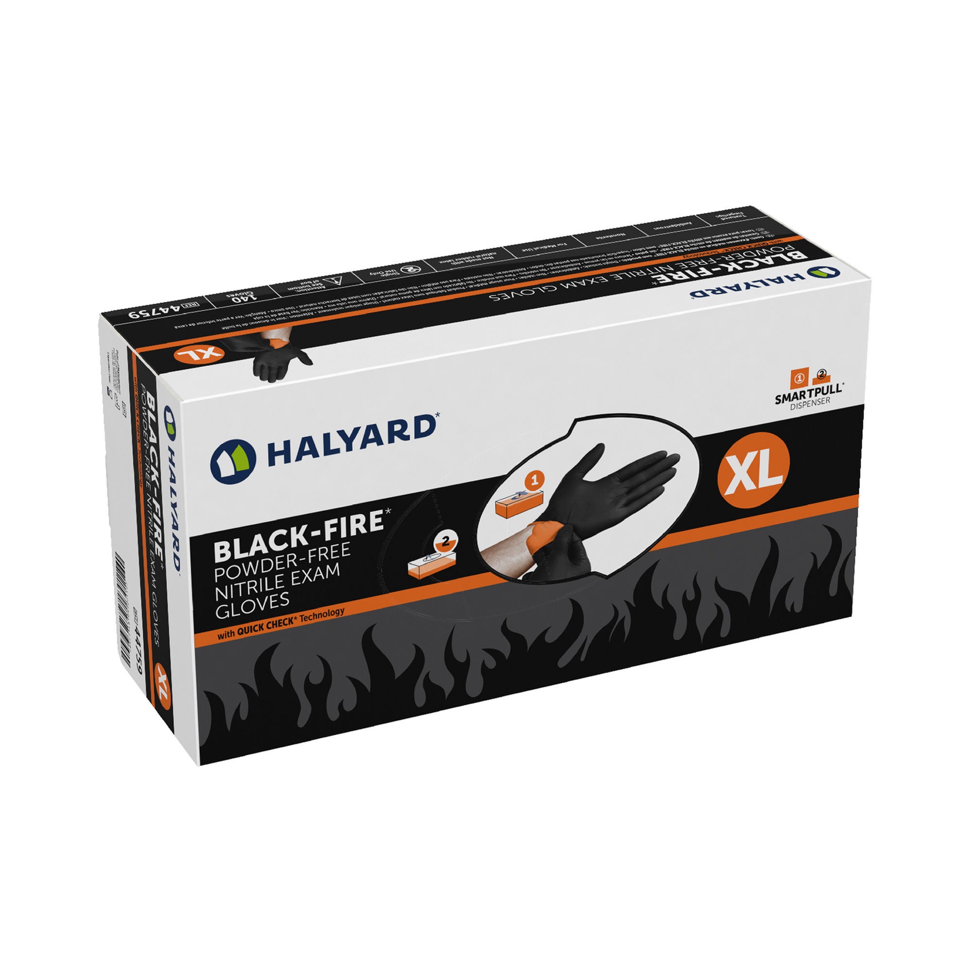 O&M Halyard Inc - 44759 Exam Glove Black-Fire* X-Large 140 per Box NonSterile Nitrile Standard Cuff Length Textured Fingertips Black / Orange Fentanyl Tested