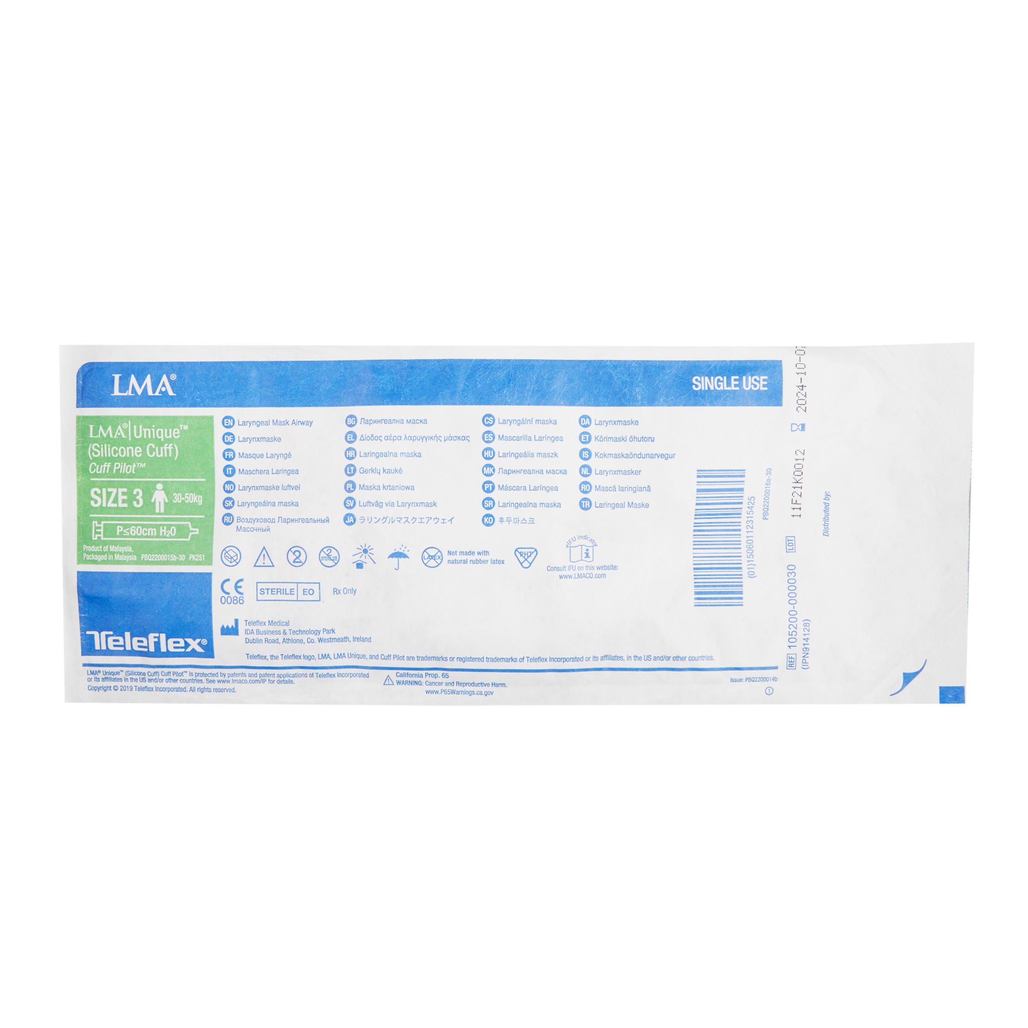 Teleflex LLC - 105200-000030 Straight Laryngeal Mask LMA® Unique™ (Silicone Cuff) Size 3 20 mL Cuff Silicone Single Patient Use Sterile