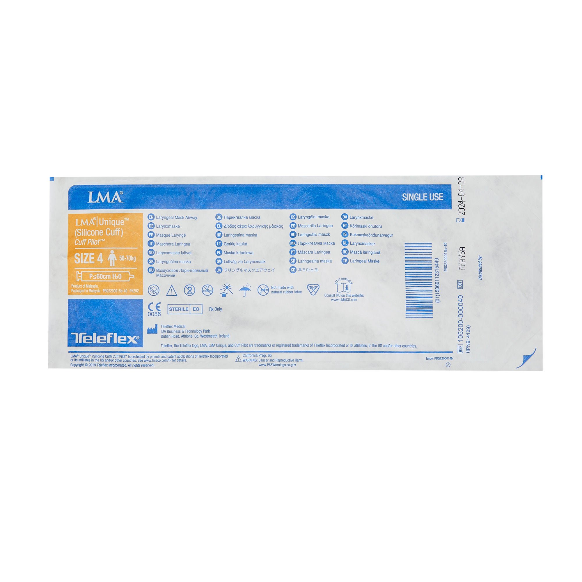 Teleflex LLC - 105200-000040 Straight Laryngeal Mask LMA® Unique™ (Silicone Cuff) Size 4 30 mL Cuff Silicone Single Patient Use Sterile