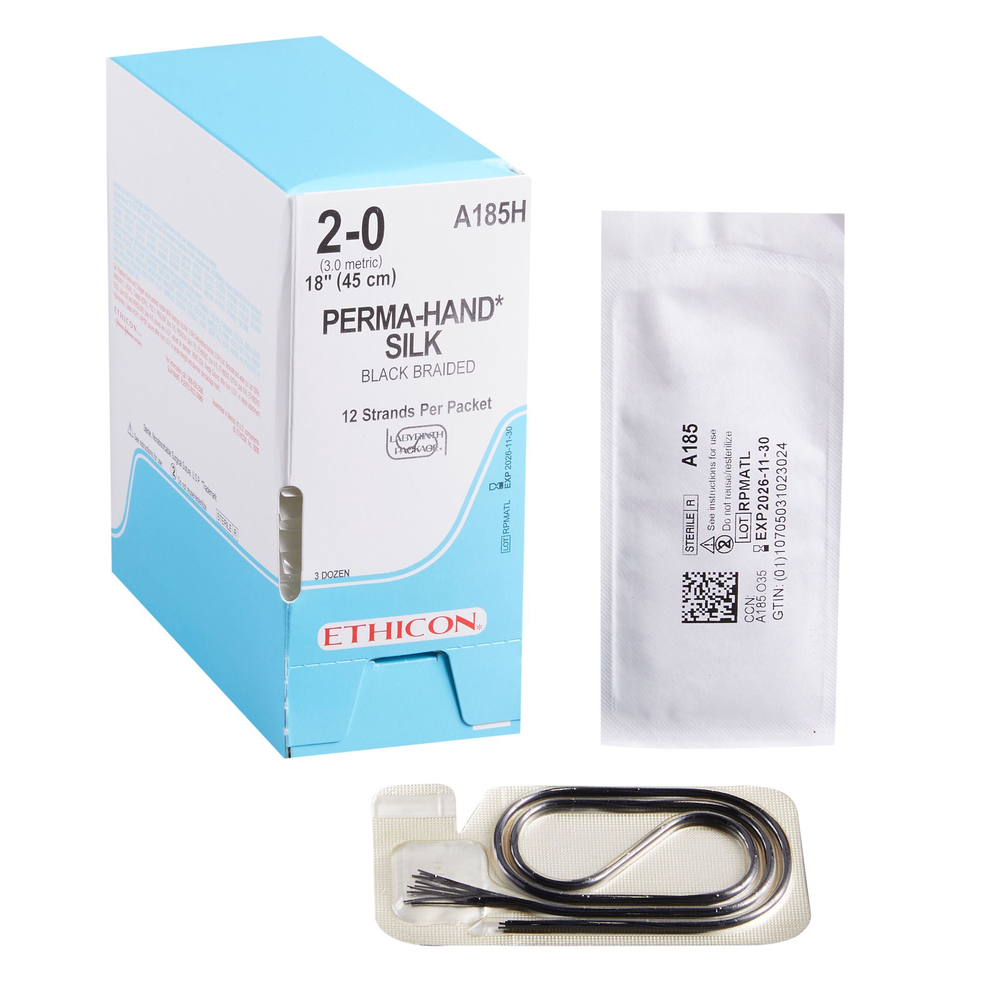 J & J Healthcare Systems - A185H Nonabsorbable Suture without Needle Perma - Hand™ SUTUPAK™ Silk Size 2-0 18 Inch Suture Braided