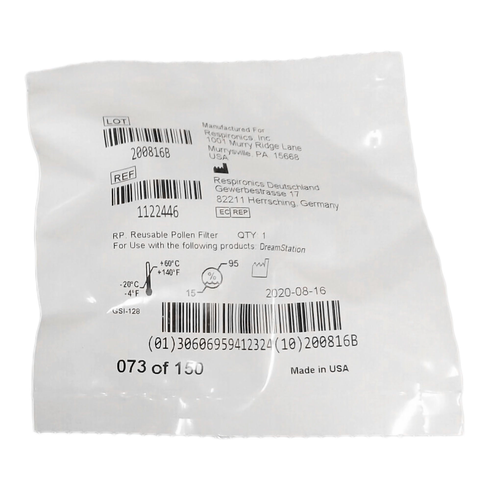 Respironics - 1122446 CPAP Filter Respironics® Foam / Pollen Reusable 1 per Pack Blue / White With Frame