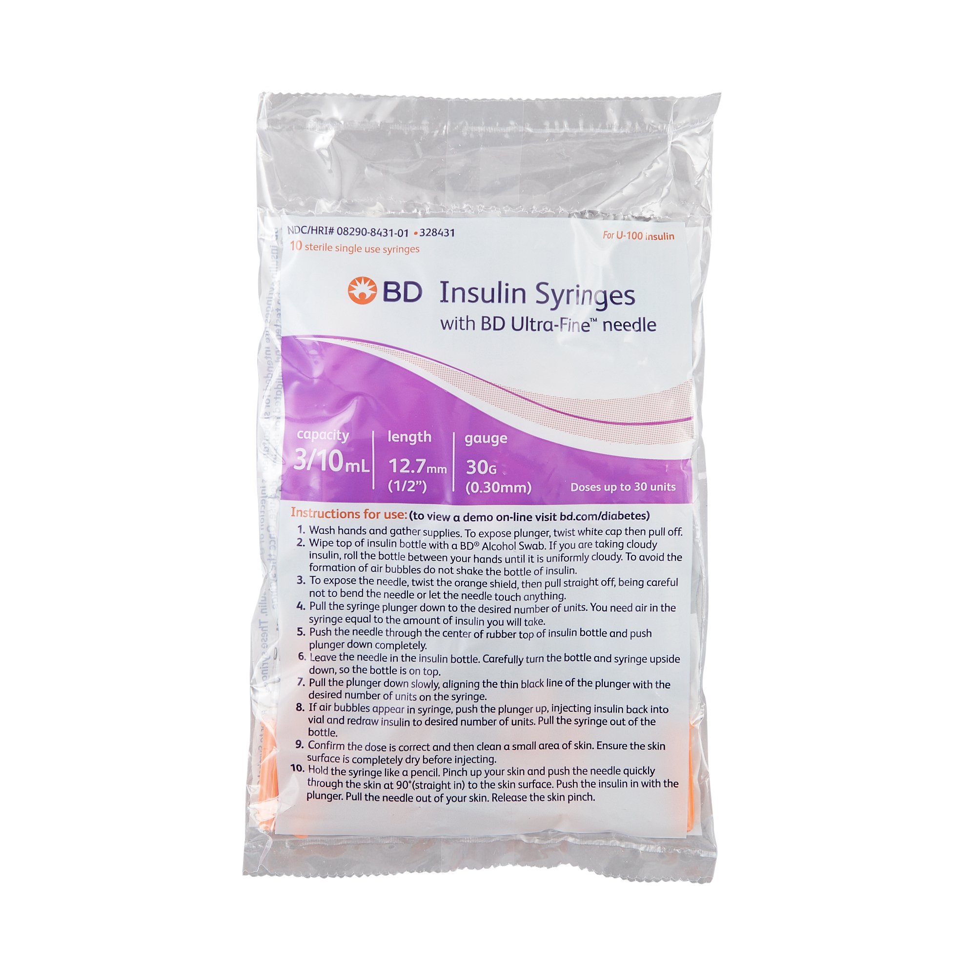 embecta Medical II LLC - 328431 Standard Insulin Syringe with Needle Ultra-Fine™ 0.3 mL 1/2 Inch 30 Gauge NonSafety Regular Wall