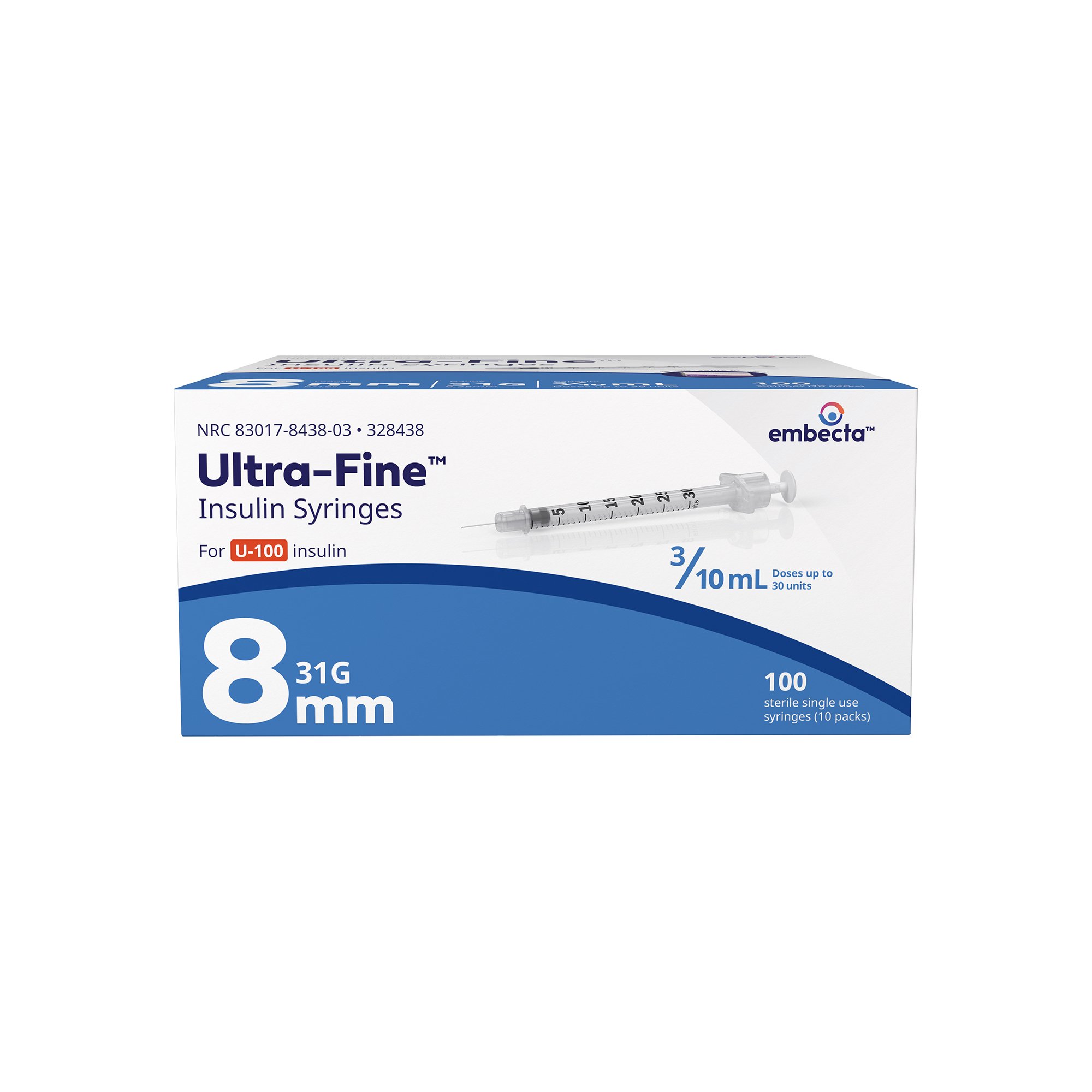 embecta Medical II LLC - 328438 Standard Insulin Syringe with Needle Ultra-Fine™ 0.3 mL 5/16 Inch 31 Gauge NonSafety Regular Wall