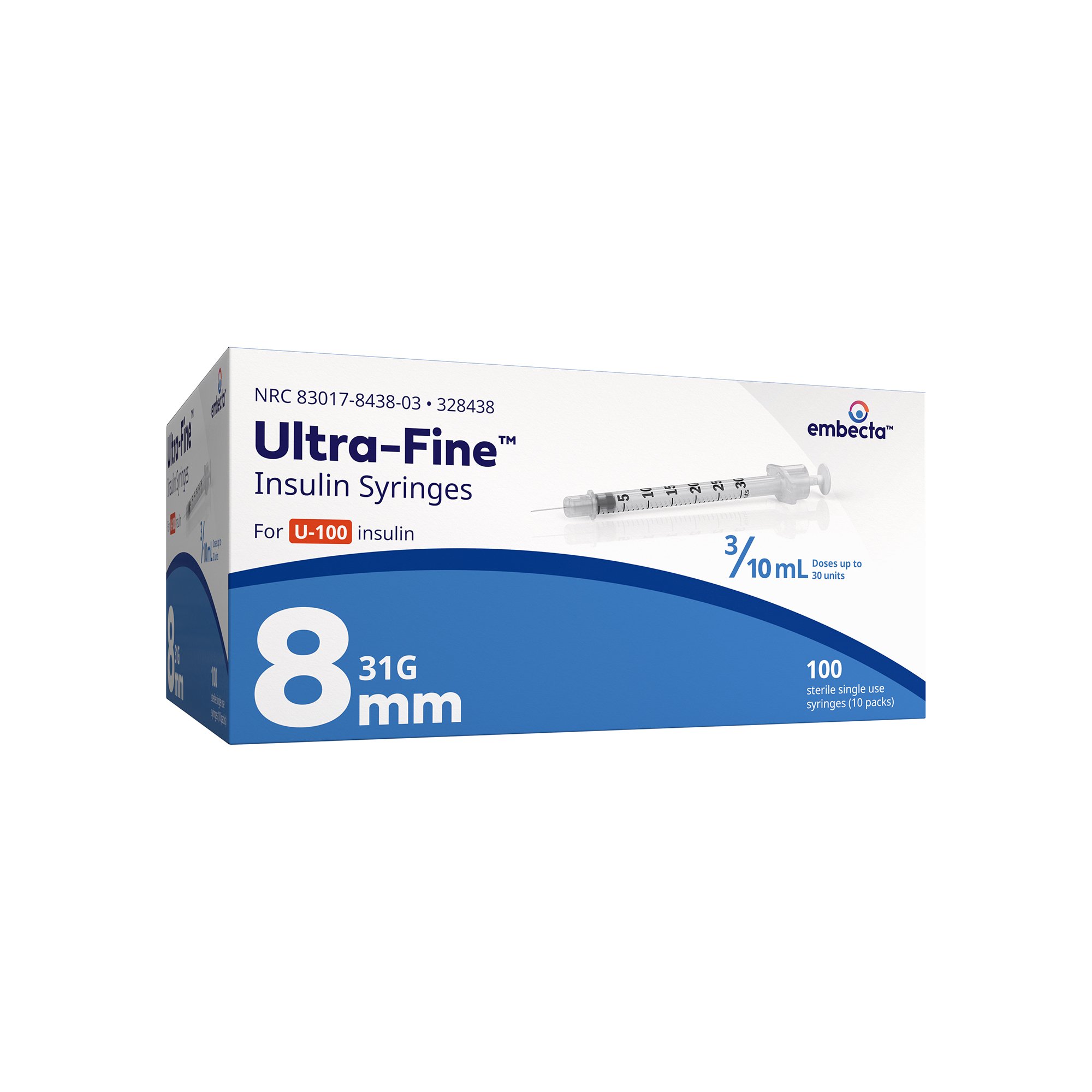 embecta Medical II LLC - 328438 Standard Insulin Syringe with Needle Ultra-Fine™ 0.3 mL 5/16 Inch 31 Gauge NonSafety Regular Wall
