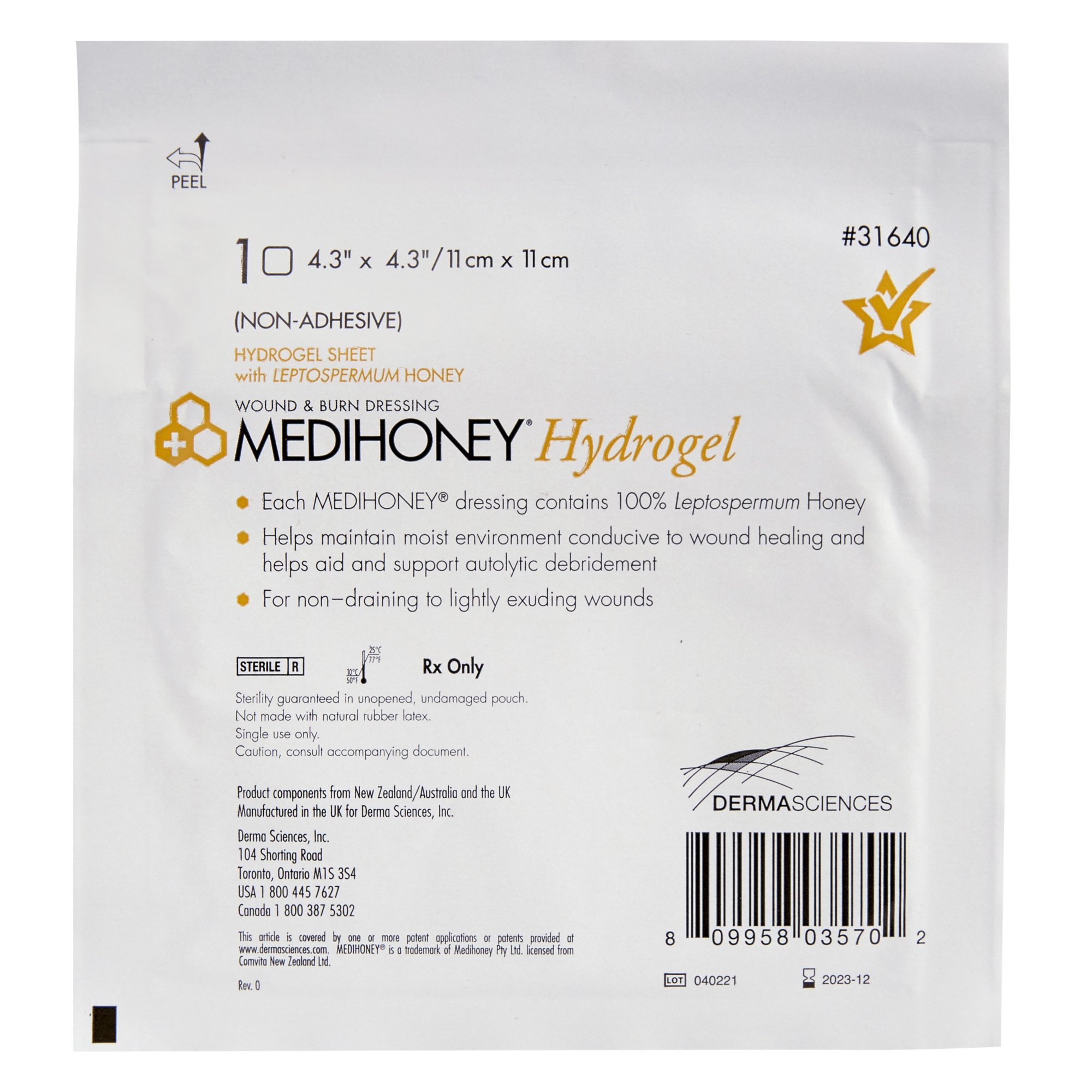 McKesson Brand 31640 - Medihoney® Honey Hydrogel Dressing without Adhesive, 4-3/10 x 4-3/10 Inch - 1/Each, 10/Box, 50/Case