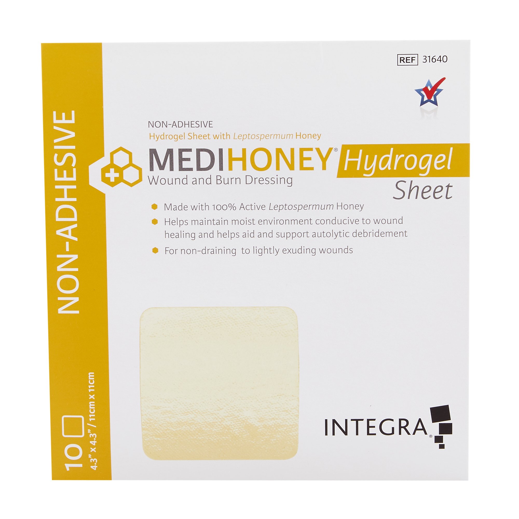 McKesson Brand 31640 - Medihoney® Honey Hydrogel Dressing without Adhesive, 4-3/10 x 4-3/10 Inch - 1/Each, 10/Box, 50/Case