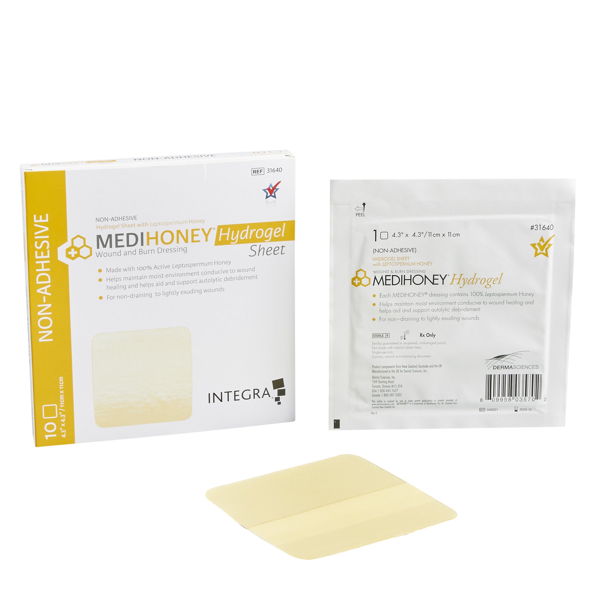 McKesson Brand 31640 - Medihoney® Honey Hydrogel Dressing without Adhesive, 4-3/10 x 4-3/10 Inch - 1/Each, 10/Box, 50/Case