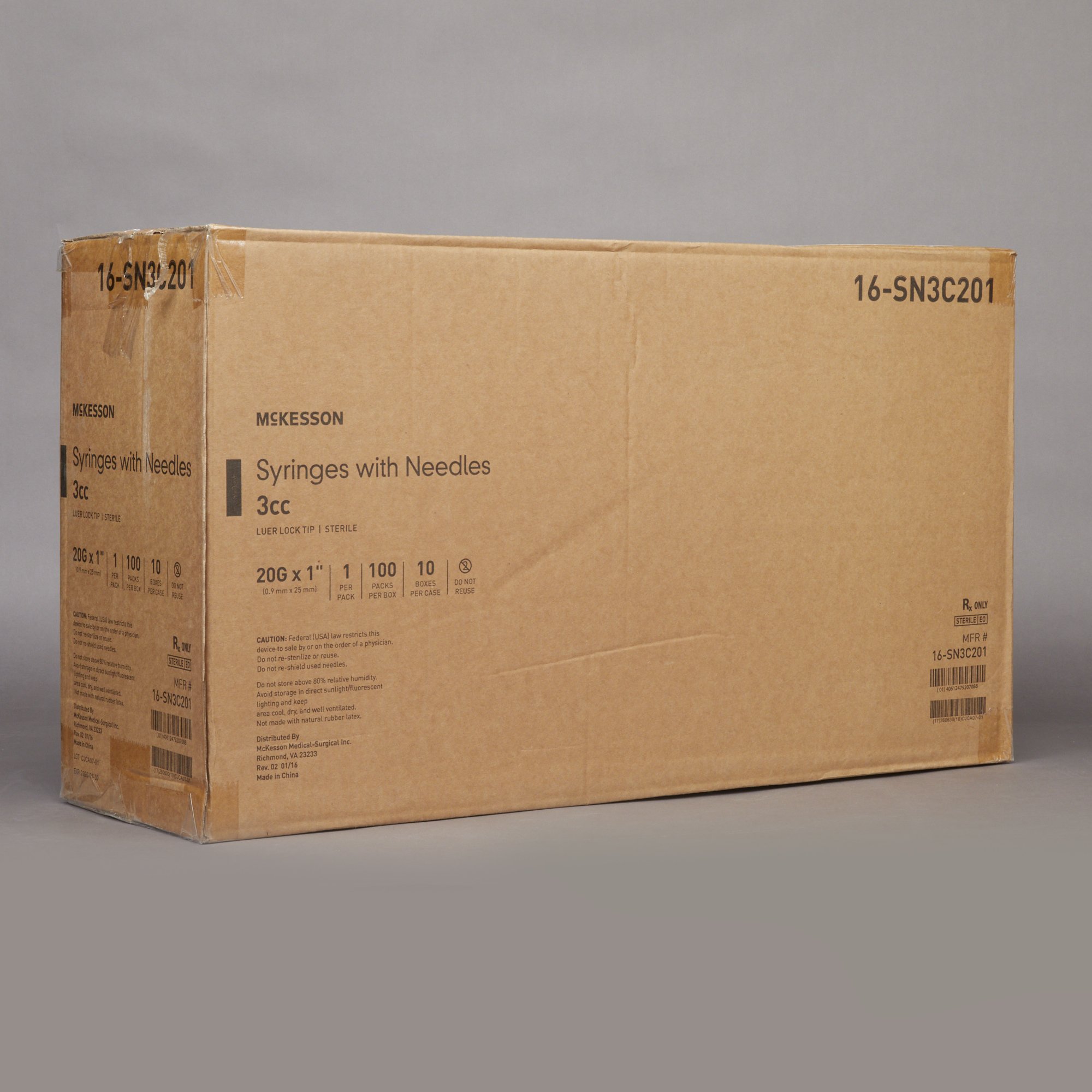McKesson Brand 16-SN3C201 - McKesson 3 mL Syringe with Needle, 20 Gauge, 1 Inch Needle Length - 100/Box, 1000/Case