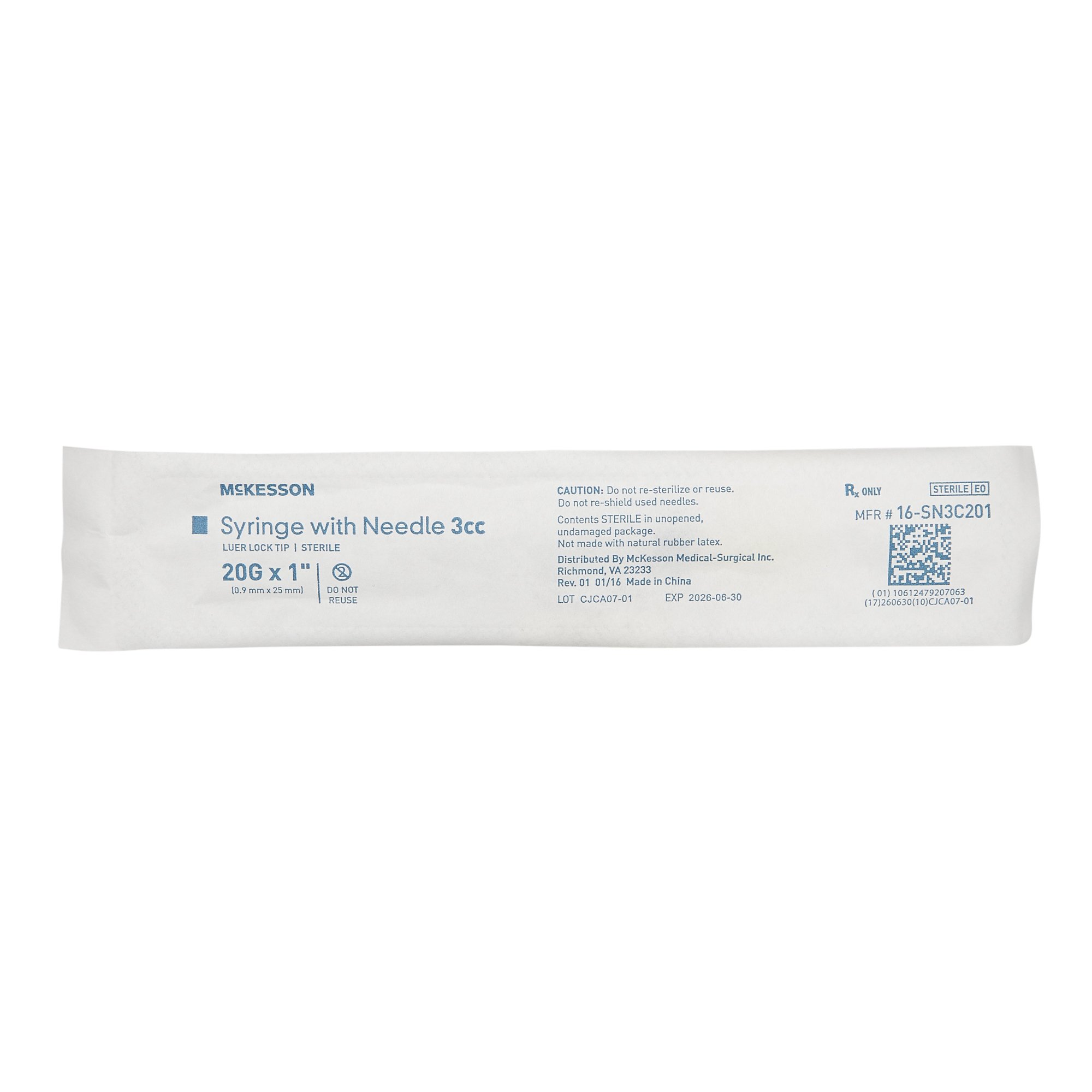 McKesson Brand 16-SN3C201 - McKesson 3 mL Syringe with Needle, 20 Gauge, 1 Inch Needle Length - 100/Box, 1000/Case
