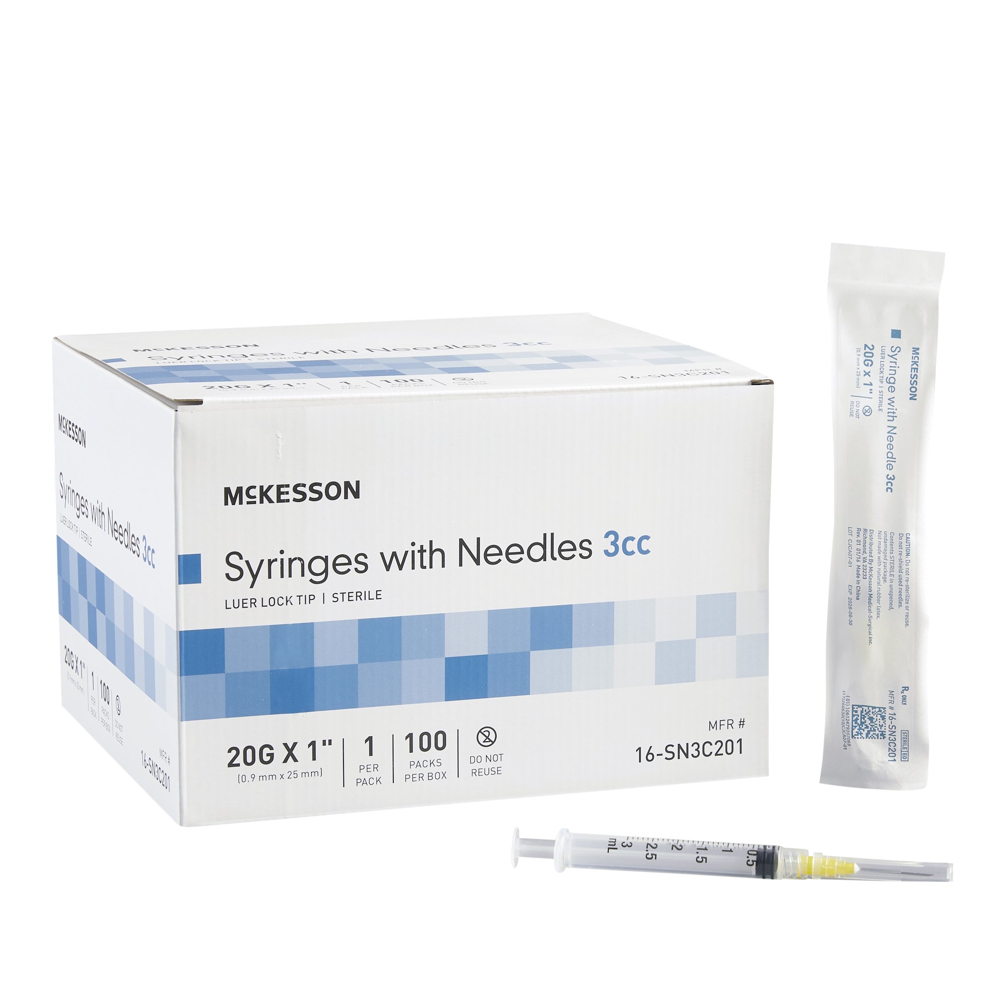 McKesson Brand 16-SN3C201 - McKesson 3 mL Syringe with Needle, 20 Gauge, 1 Inch Needle Length - 100/Box, 1000/Case