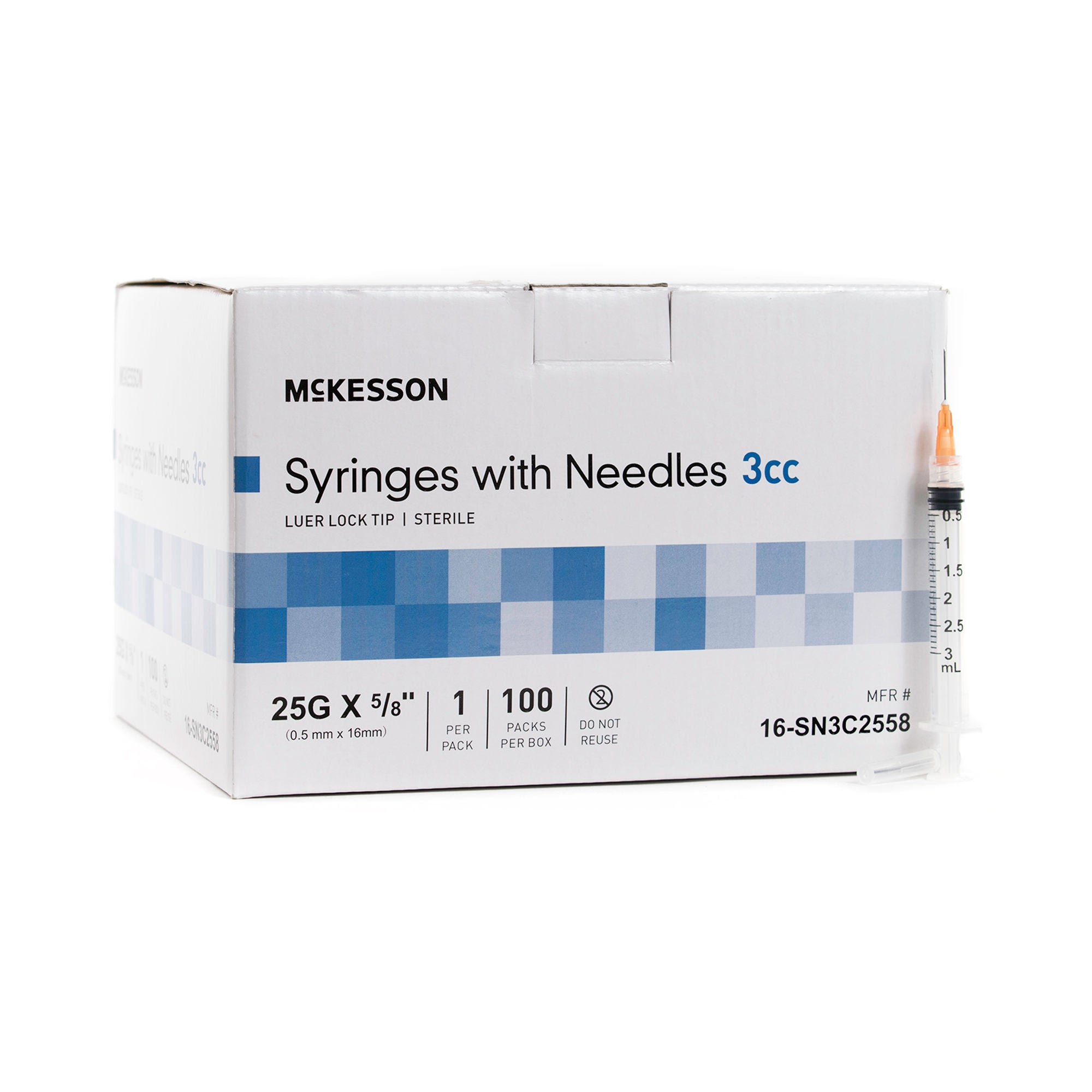 McKesson Brand - 16-SN3C2558 McKesson 3 mL Syringe with Needle, 25 Gauge, 5/8 Inch Needle Length