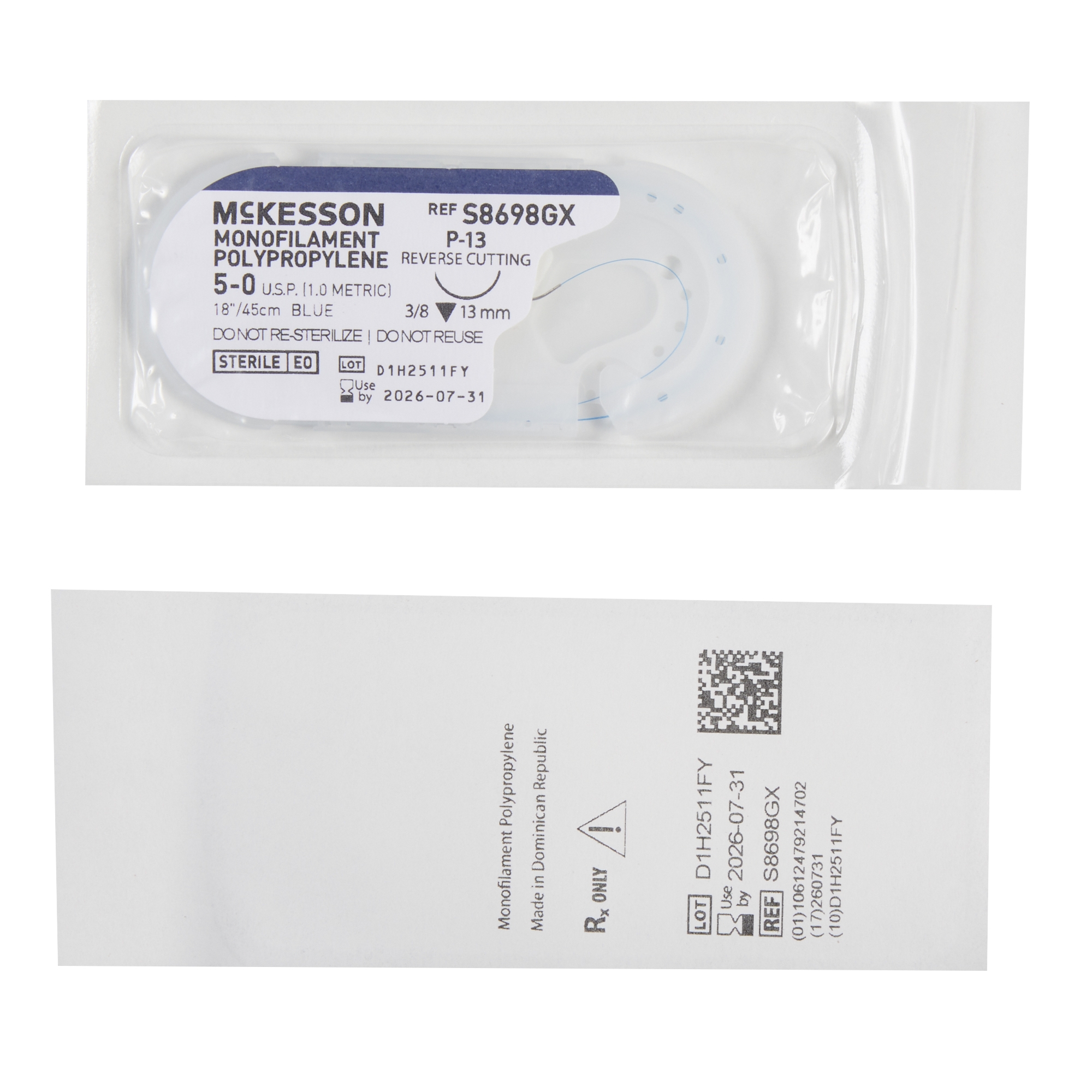 McKesson Brand S8698GX - McKesson Monofilament Polypropylene Suture with P-13 Needle, Size 5-0 - 1/Box