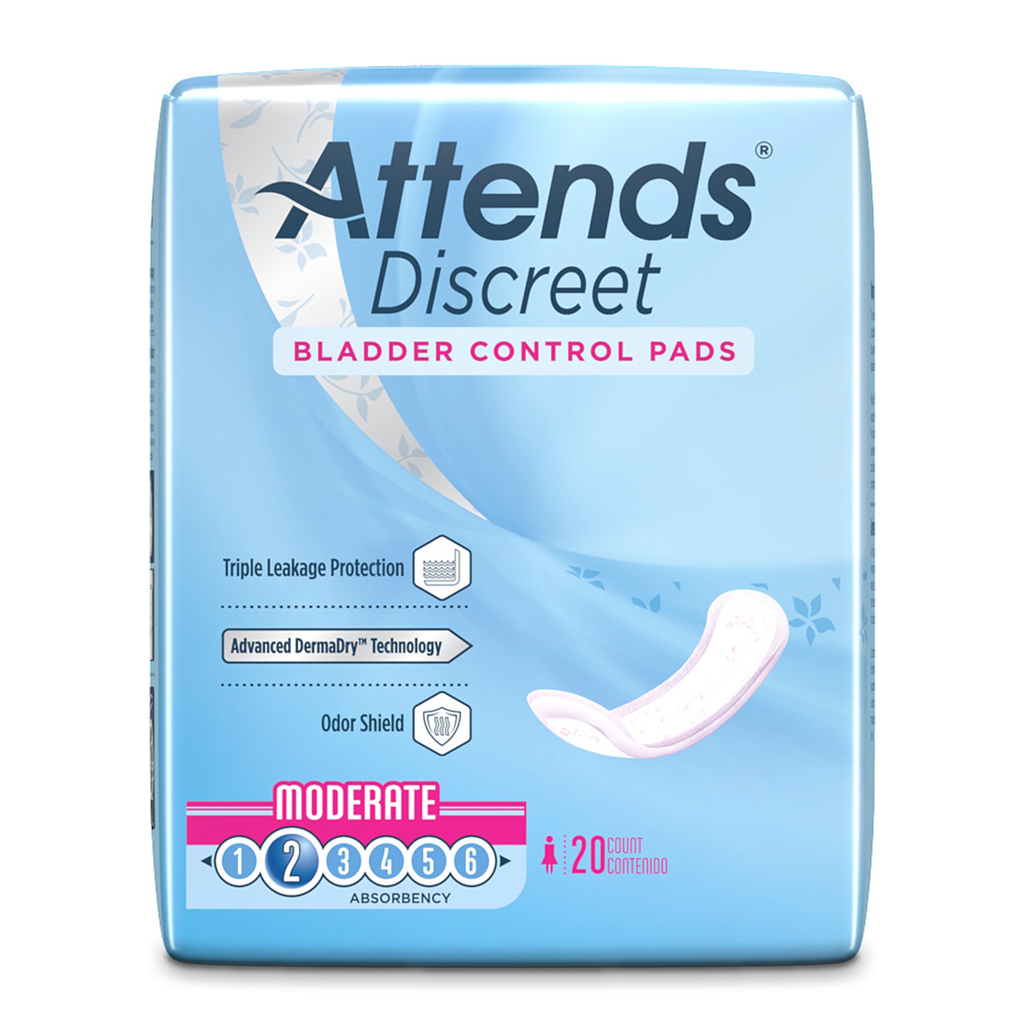 Attends Healthcare Products ADPMOD - Attends® Discreet Women's Moderate Bladder Control Pad, 10.5-Inch Length - 20/Bag, 200/Case