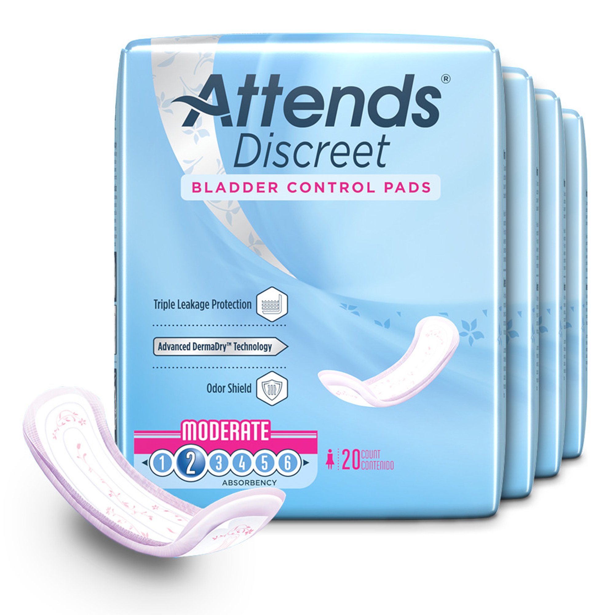 Attends Healthcare Products ADPMOD - Attends® Discreet Women's Moderate Bladder Control Pad, 10.5-Inch Length - 20/Bag, 200/Case