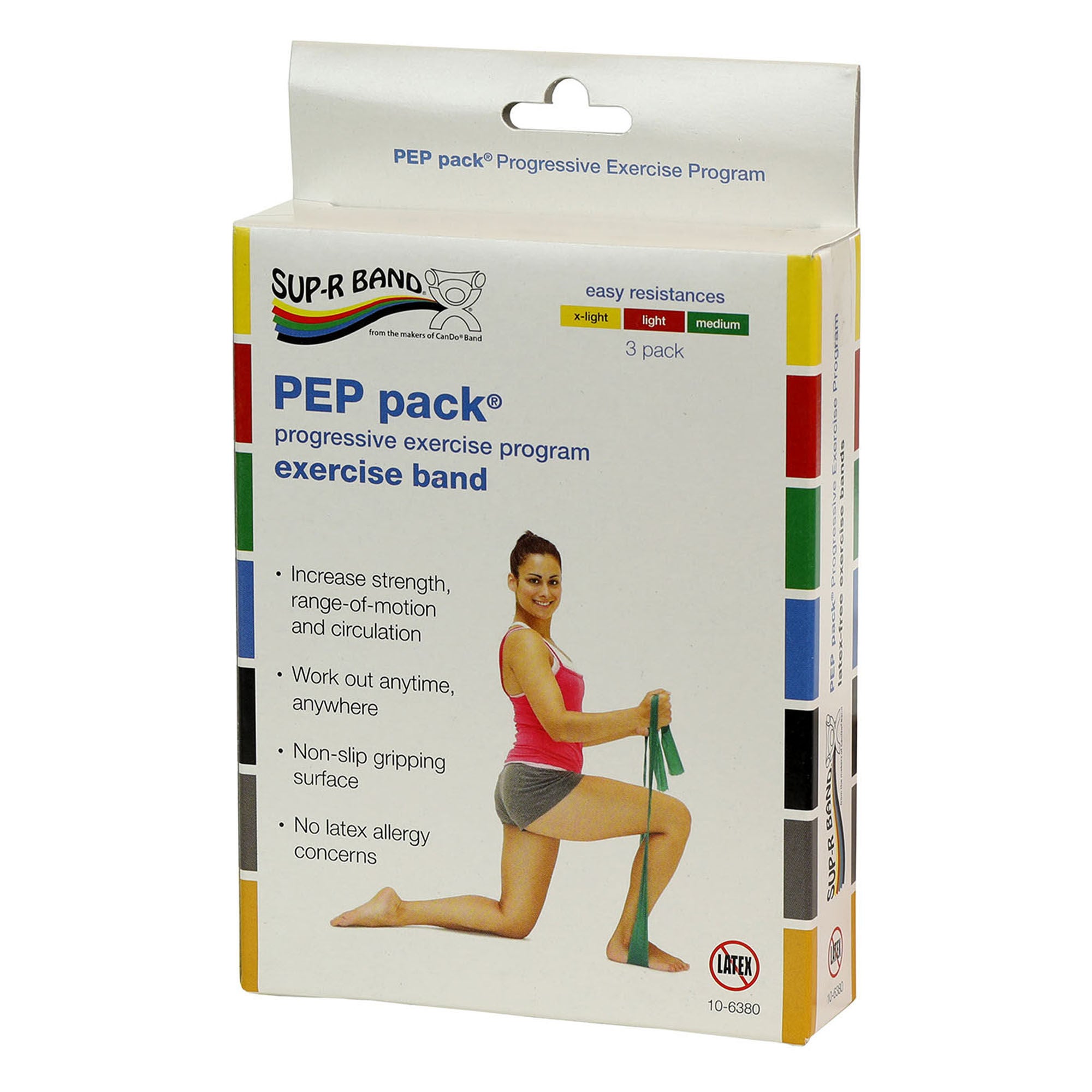 Fabrication Enterprises - 10-6380 Exercise Resistance Band Set Sup-R Band® PEP Pack® Yellow / Red / Green 5 Inch X 5 Foot Easy Resistance