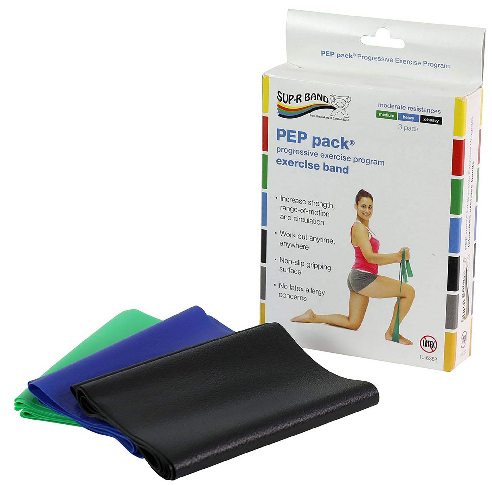 Fabrication Enterprises - 10-6382 Exercise Resistance Band Set Sup-R Band® PEP Pack® Green / Blue / Black 5 Inch X 5 Foot Medium to X-Heavy Resistance