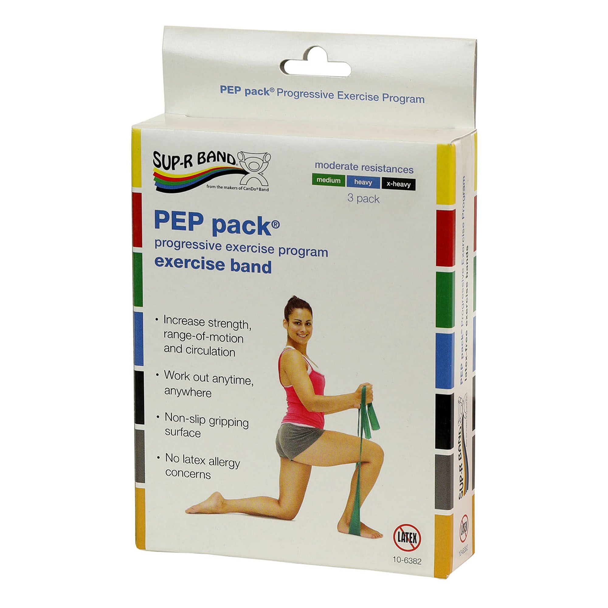 Fabrication Enterprises - 10-6382 Exercise Resistance Band Set Sup-R Band® PEP Pack® Green / Blue / Black 5 Inch X 5 Foot Medium to X-Heavy Resistance