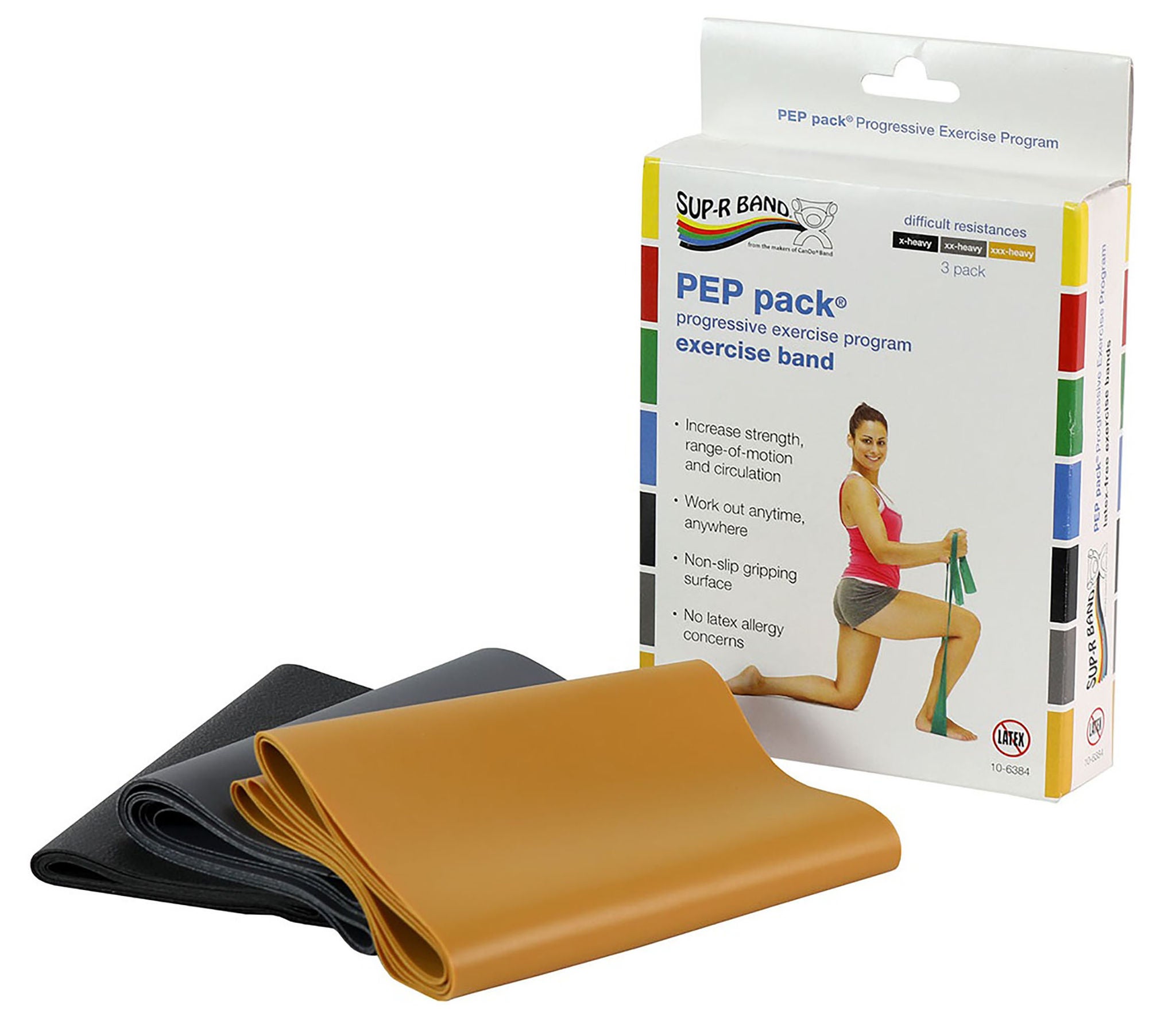 Fabrication Enterprises - 10-6384 Exercise Resistance Band Set Sup-R Band® PEP Pack® Black / Silver / Gold 5 Inch X 5 Foot X-Heavy to 3X-Heavy Resistance