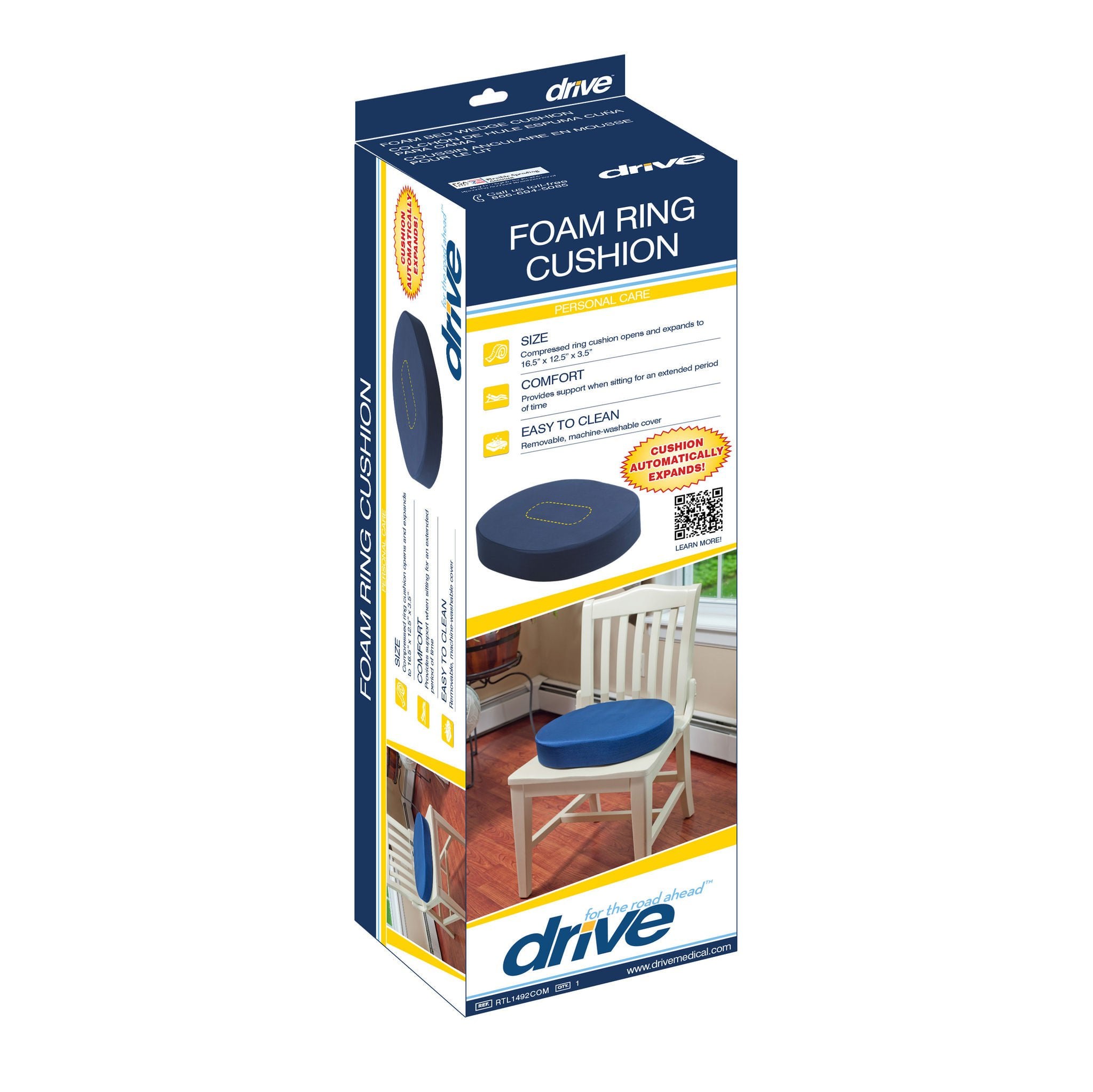 Drive DeVilbiss Healthcare - RTL1492COM Donut Seat Cushion drive™ 16-1/2 W X 12-1/2 L X 3-1/2 D Inch Foam
