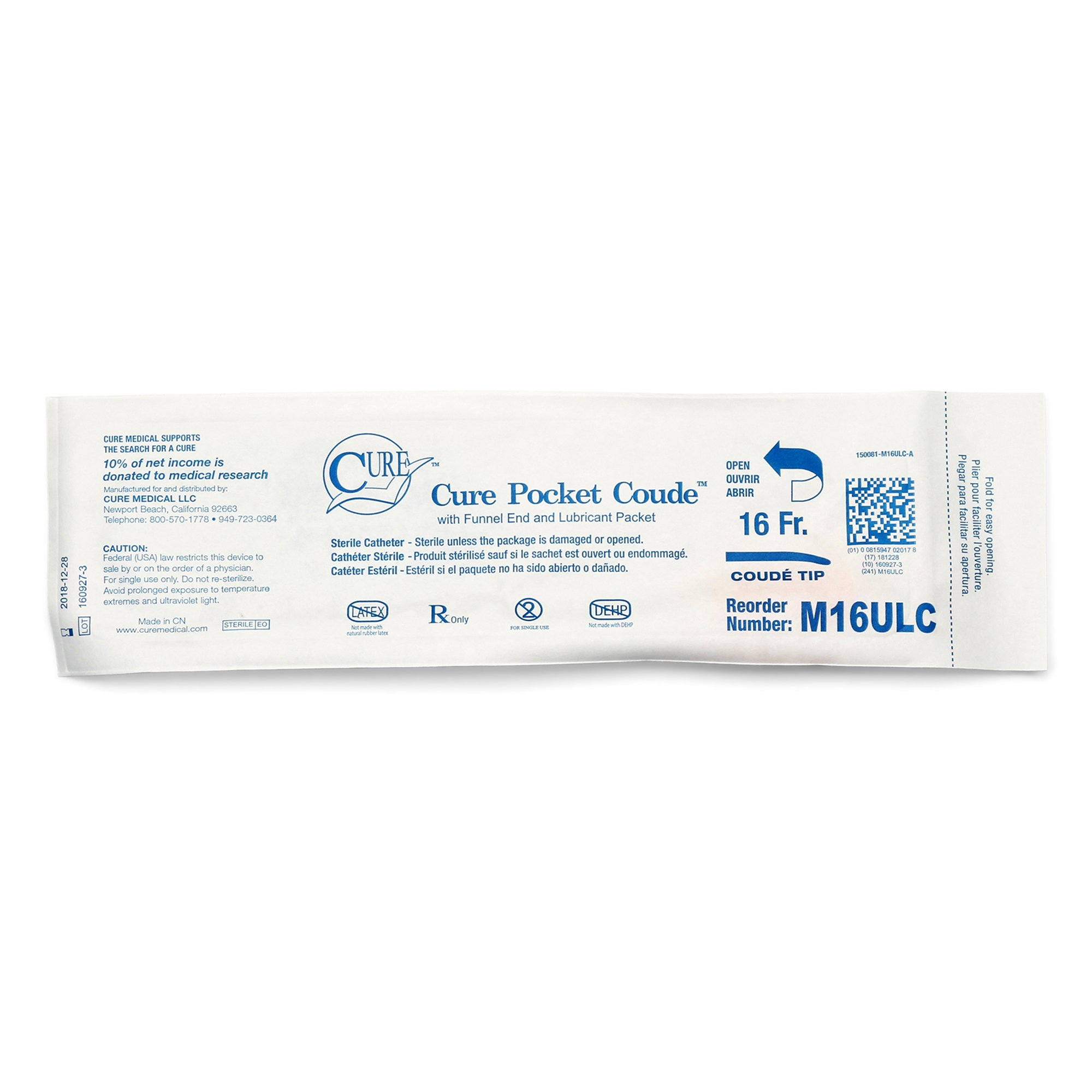 ConvaTec M16ULC - Cure Pocket Cath® Urethral Catheter, 16 Fr. - 1/Each, 30/Box, 300/Case