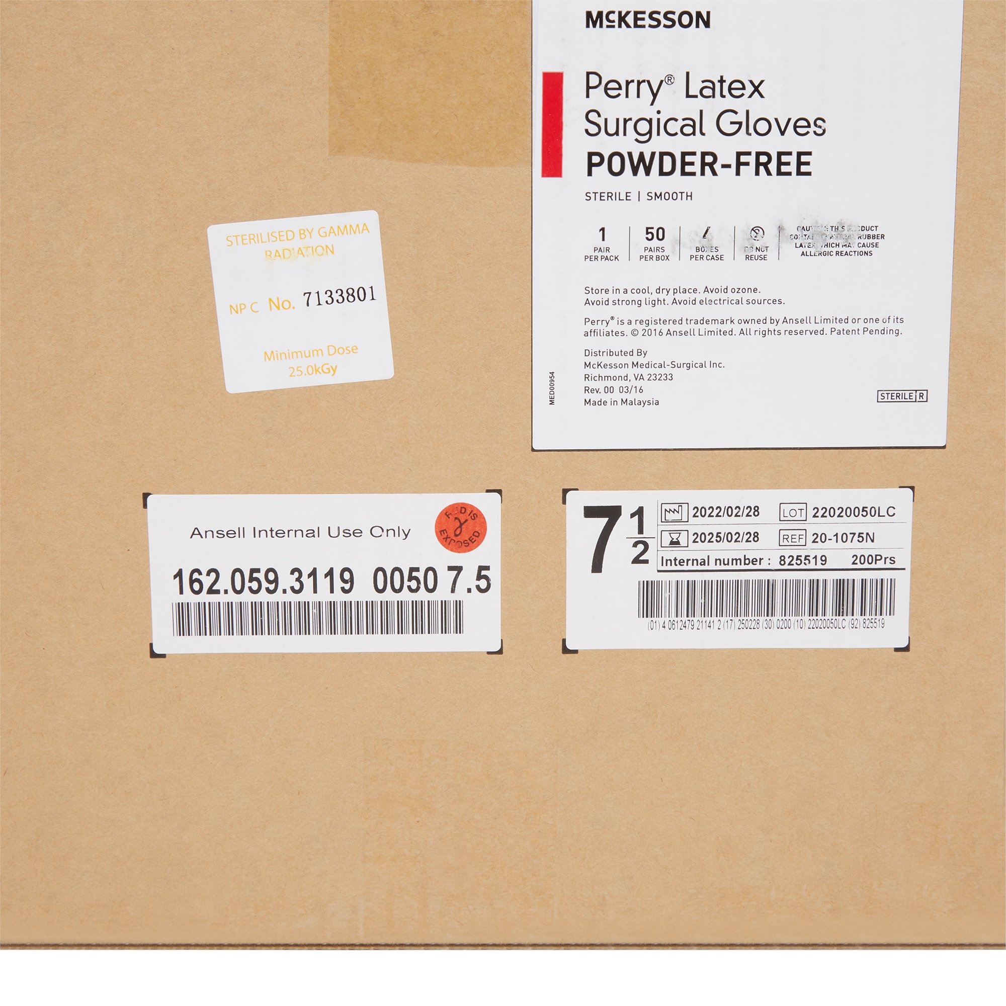 McKesson Brand 20-1075N - McKesson Perry® Performance Plus Surgical Glove, Size 7.5, Cream - 1/Pair, 50/Box, 200/Case