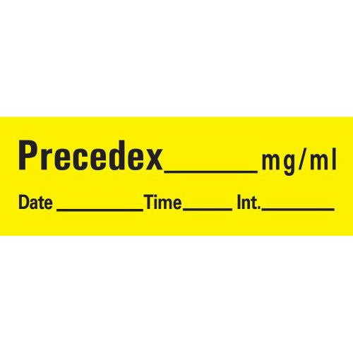 PDC Healthcare - AN-24 Drug Label UAL™ Anesthesia Label Tape Precedex _mg/mL Date_Time_Int Yellow 1/2 X 1-1/2 Inch
