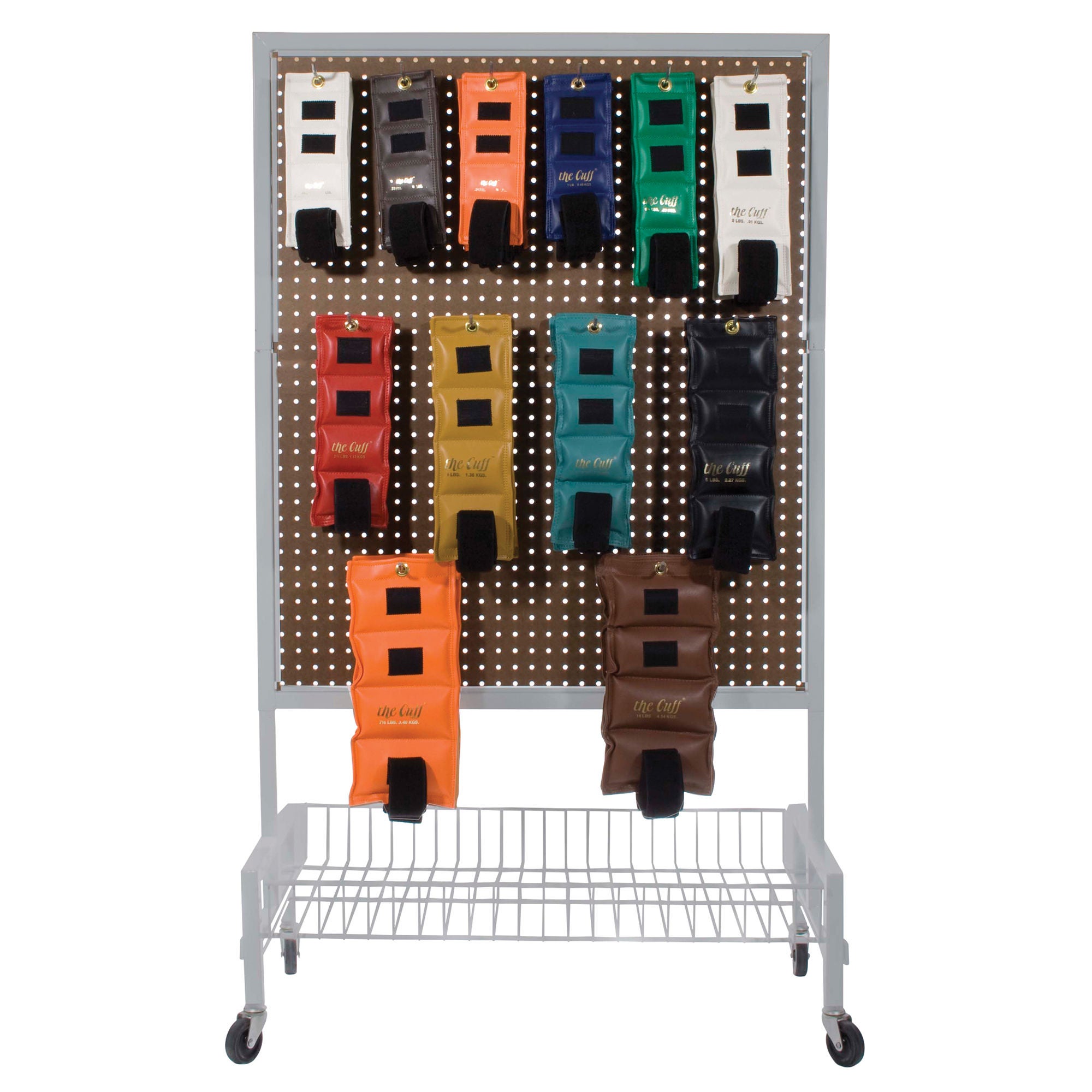 Fabrication Enterprises - 10-0255 Weight Cuff Set with Storage Rack 24 Piece Set with Mobile Floor Rack / Adjustable Cuff Style The Cuff® Original Standard Set 1/4 lbs. / 1/2 lbs. / 3/4 lbs. / 1 lbs. / 1-1/2 lbs. / 2 lbs. / 2-1/2 lbs. / 3 lbs. / 4 lbs. / 