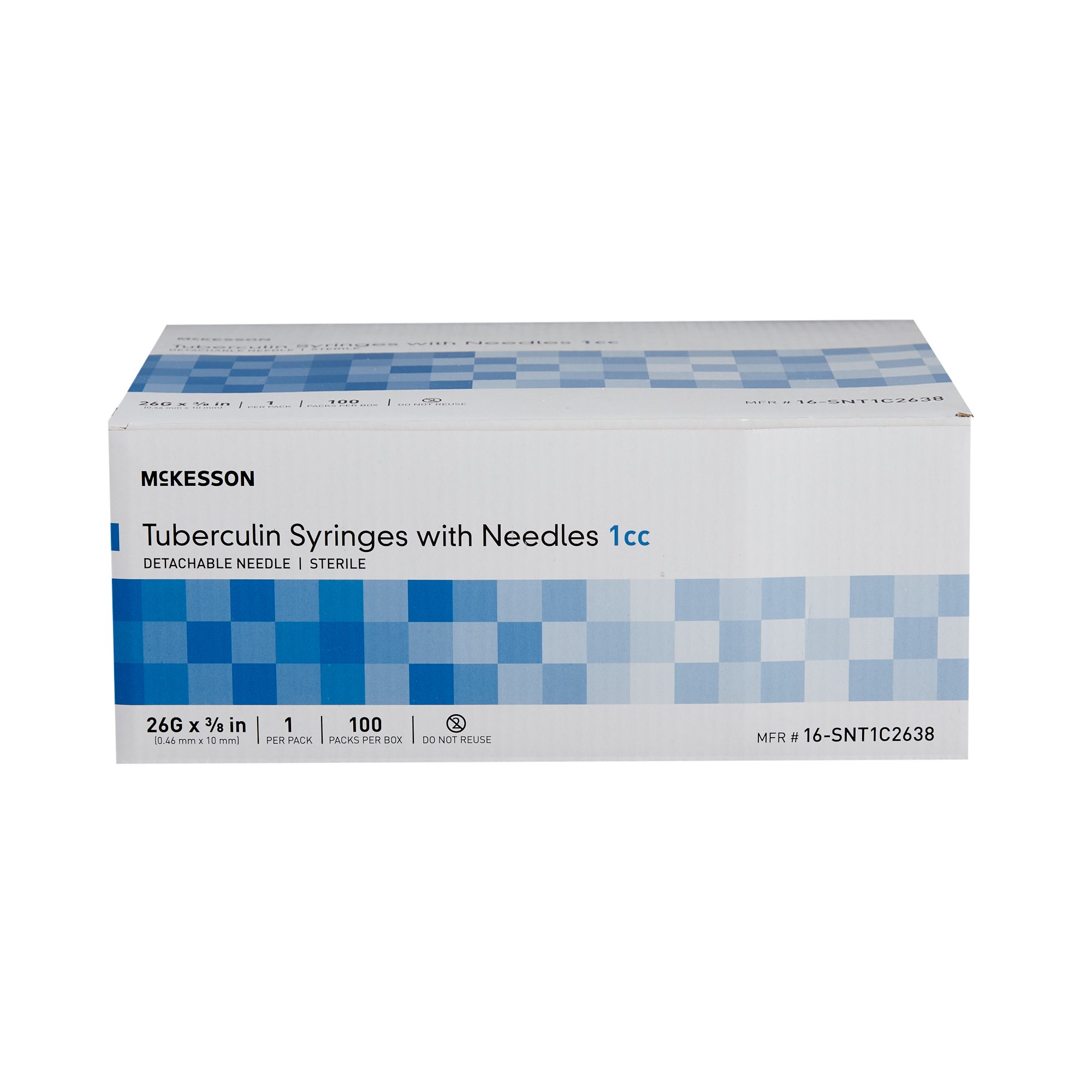 McKesson Brand 16-SNT1C2638 - McKesson 1 mL Syringe with Hypodermic Needle, 26 Gauge, 3/8 Inch Needle Length - 100/Box, 1000/Case