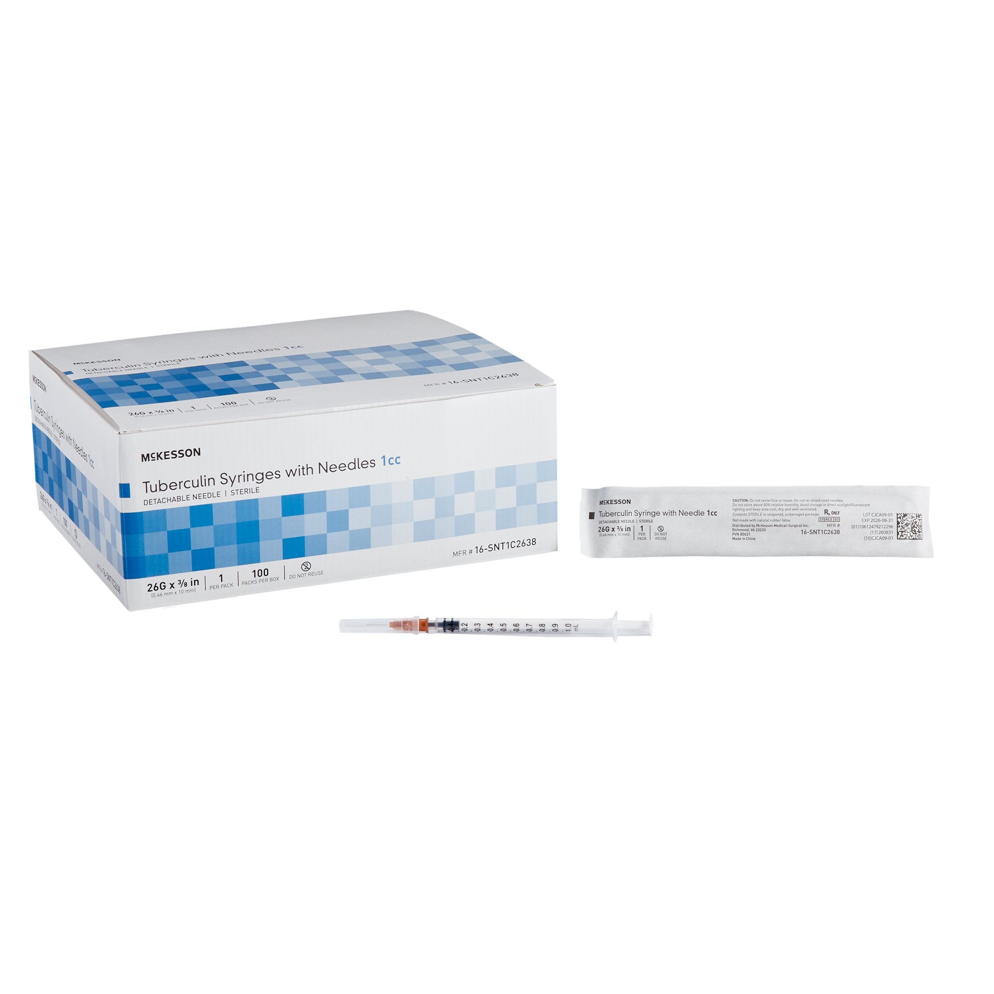 McKesson Brand 16-SNT1C2638 - McKesson 1 mL Syringe with Hypodermic Needle, 26 Gauge, 3/8 Inch Needle Length - 100/Box, 1000/Case