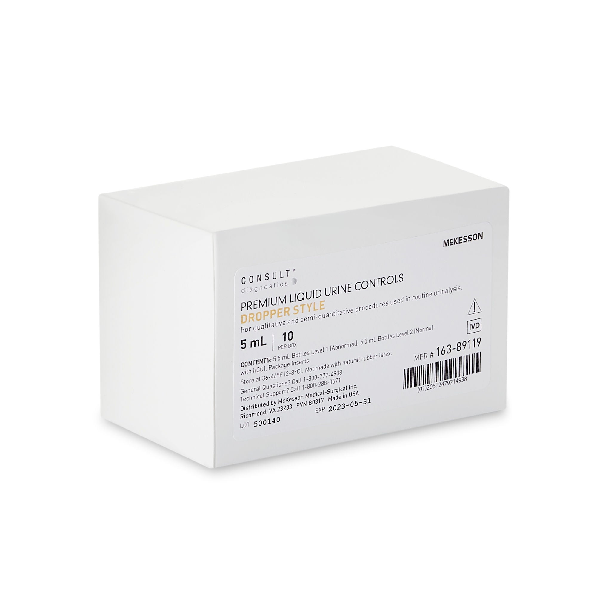 McKesson Brand - K-89119 Urine Chemistry Control Set McKesson Consult™ Analyte Testing Positive Level / Negative Level 5 Level 1 (Abnormal) 5 mL Bottles, 5 Level 2 (Normal with hCG) 5 mL Bottles