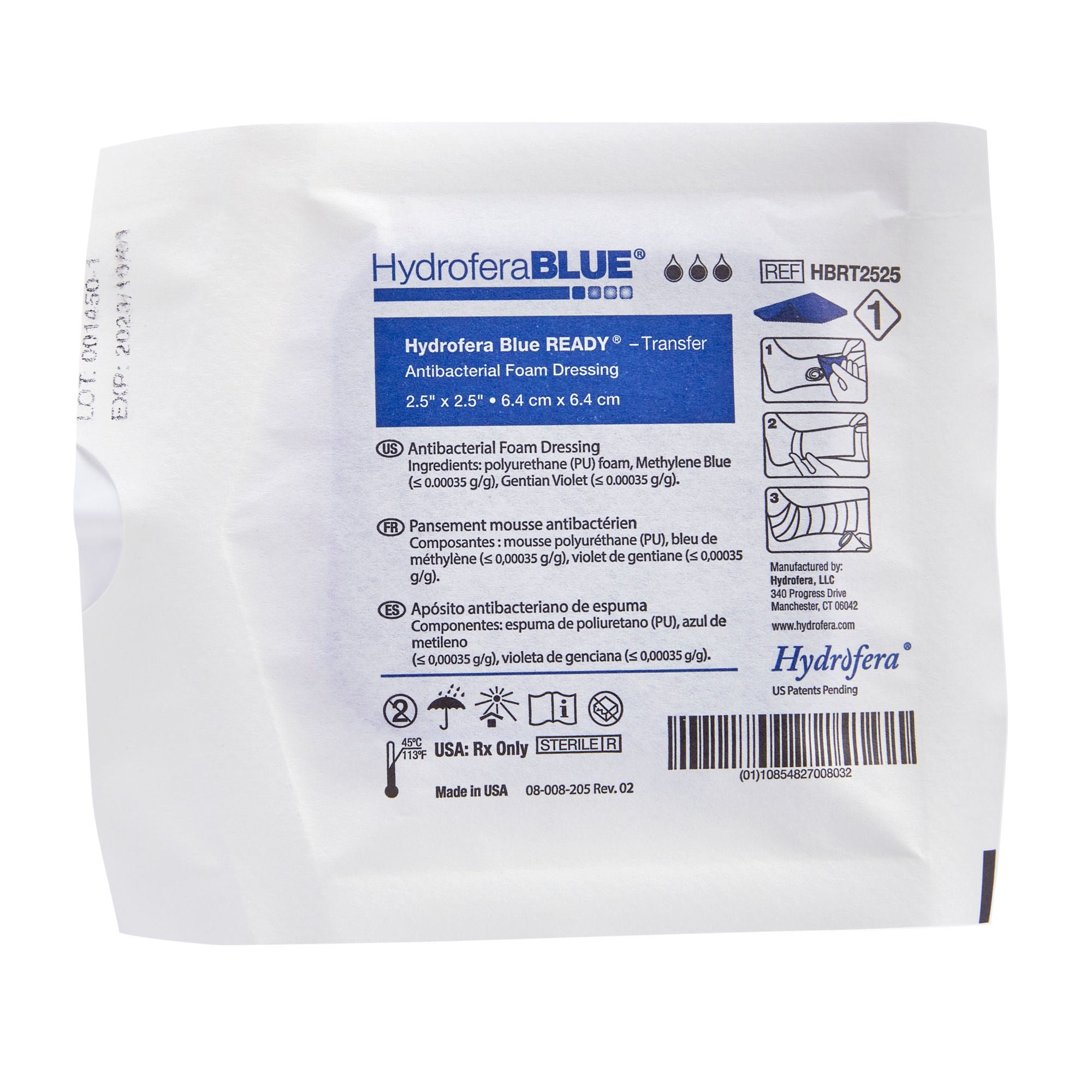 BSN Medical - HBRT2525 Antibacterial Foam Dressing Hydrofera BLUE® READY-Transfer 2-1/2 X 2-1/2 Inch Without Border Without Film Backing Nonadhesive Square Sterile