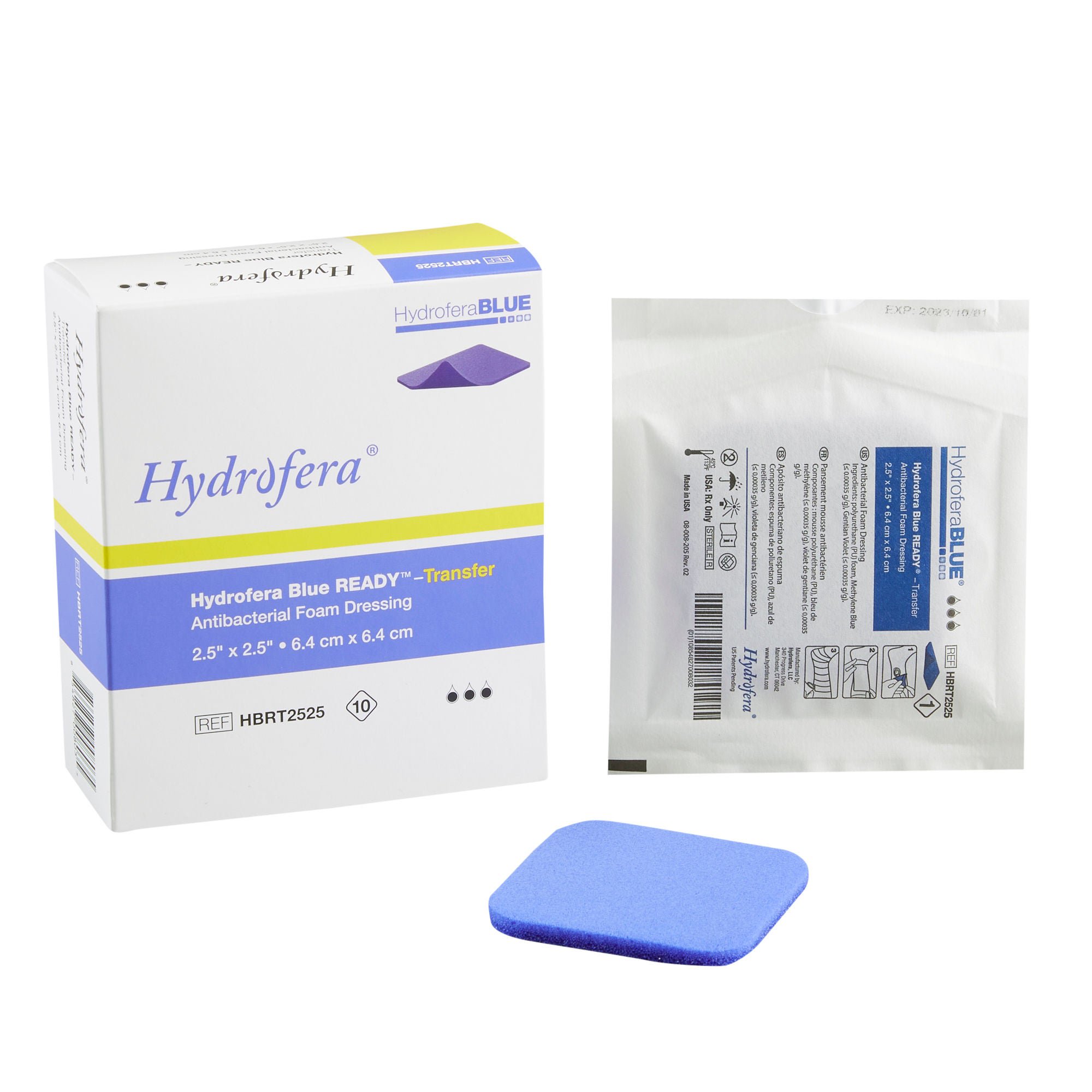 BSN Medical - HBRT2525 Antibacterial Foam Dressing Hydrofera BLUE® READY-Transfer 2-1/2 X 2-1/2 Inch Without Border Without Film Backing Nonadhesive Square Sterile
