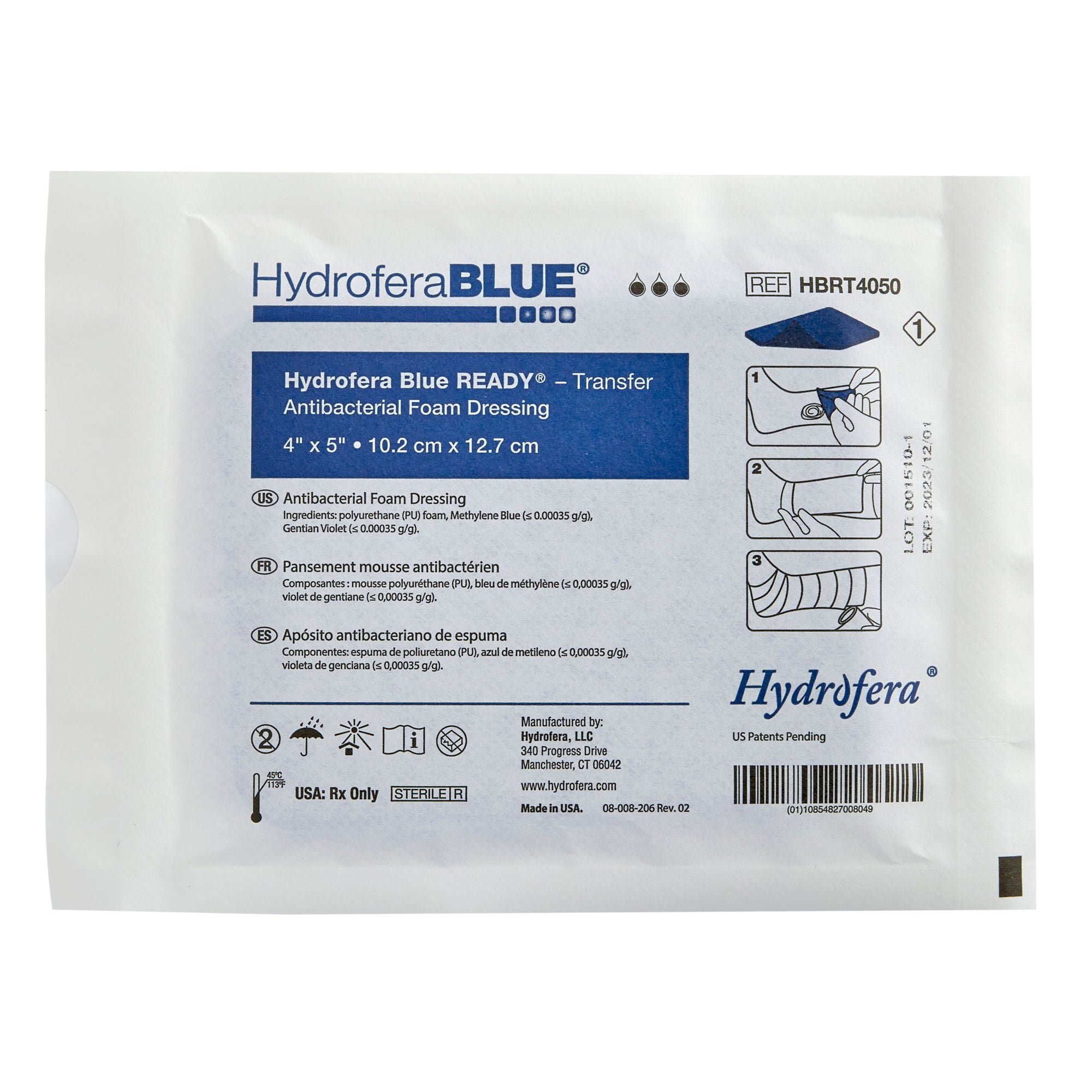 BSN Medical - HBRT4050 Antibacterial Foam Dressing Hydrofera BLUE® READY-Transfer 4 X 5 Inch Without Border Without Film Backing Nonadhesive Rectangle Sterile