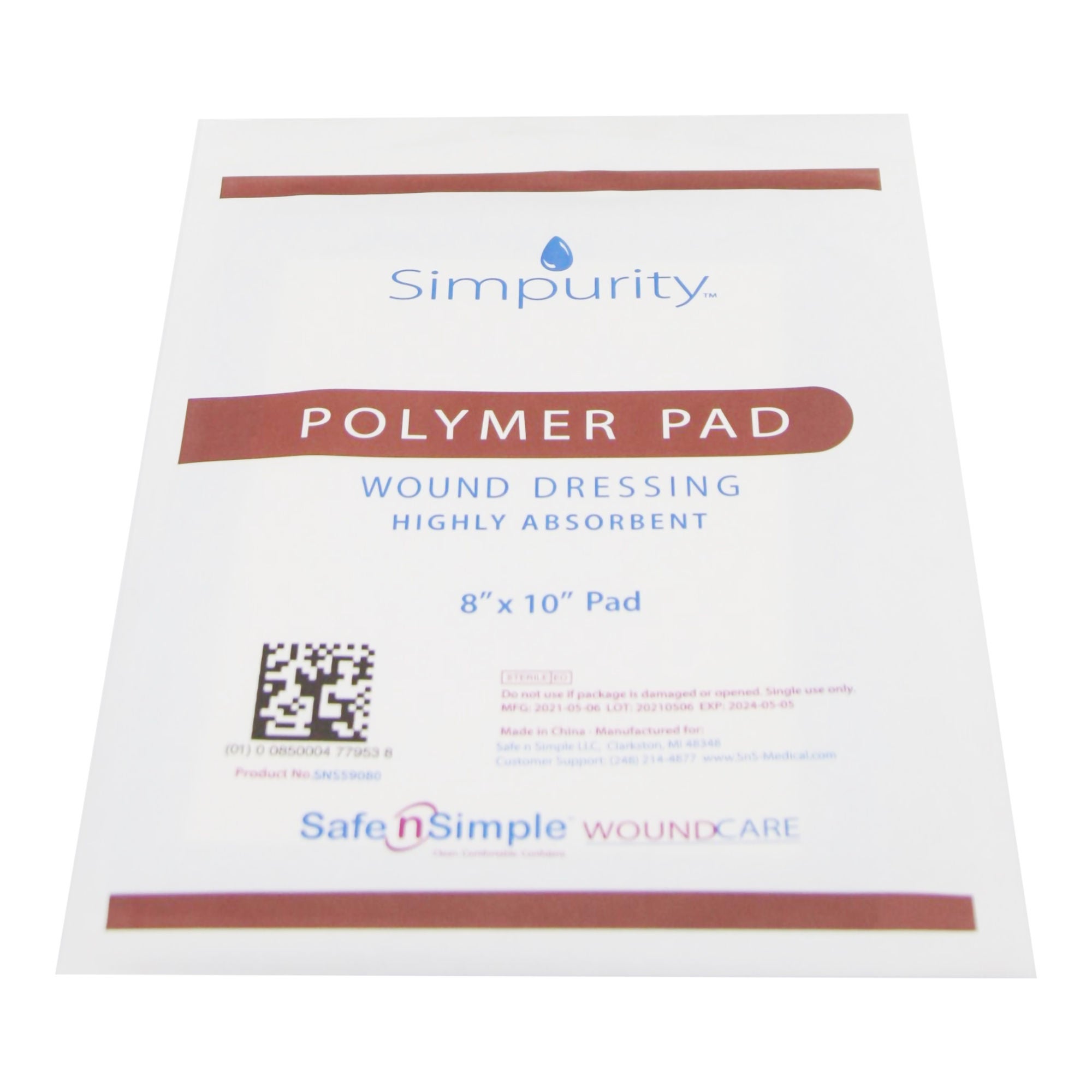 Safe N Simple - SNS59080 Super Absorbent Dressing Simpurity® Rectangle 8 X 10 Inch Without Border Sterile
